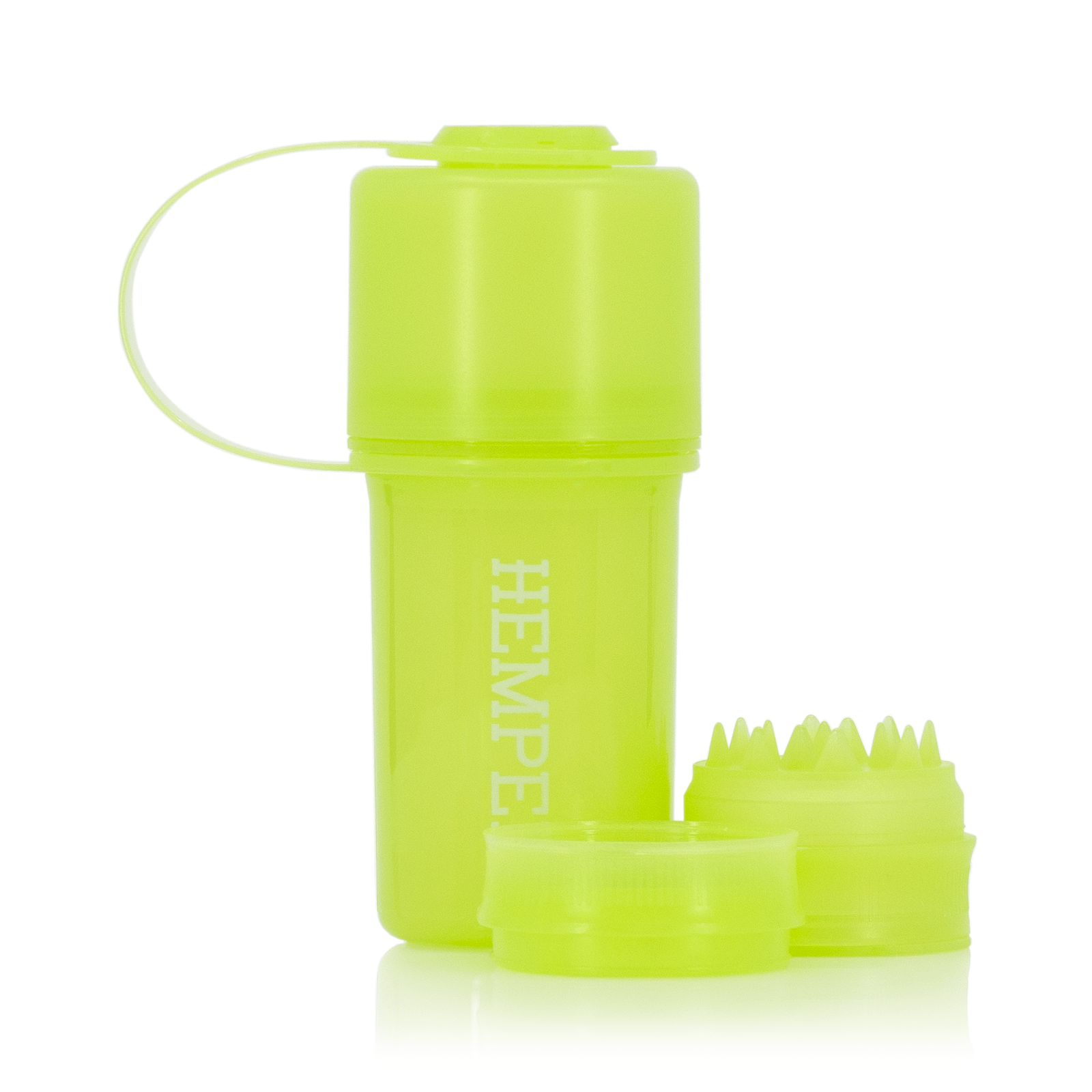 Front view of The Keeper™ By Hemper, a clear, cylindrical container with a looped handle and reflective surface.