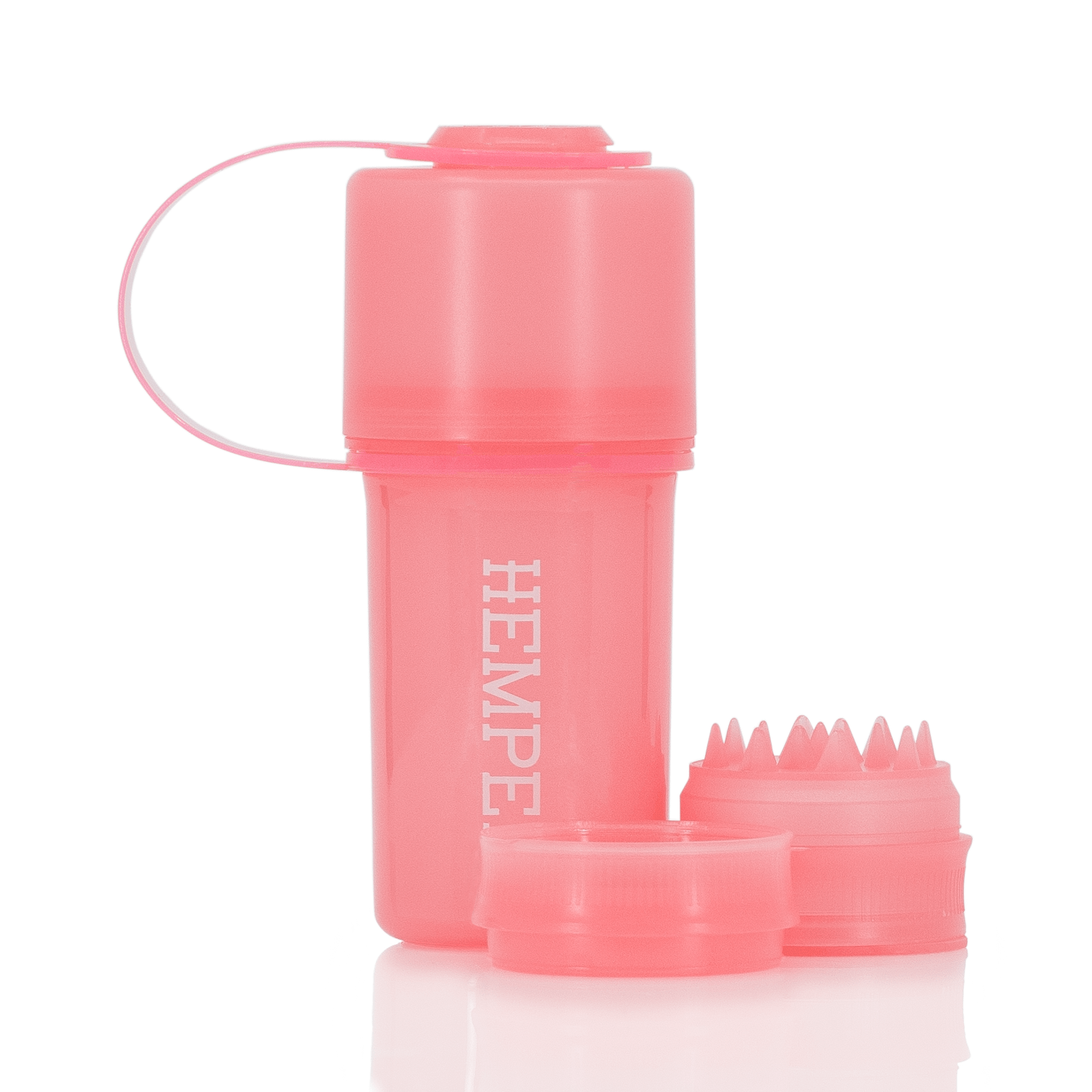 Front view of The Keeper™ By Hemper, a red silicone case reflecting on a glossy white surface.