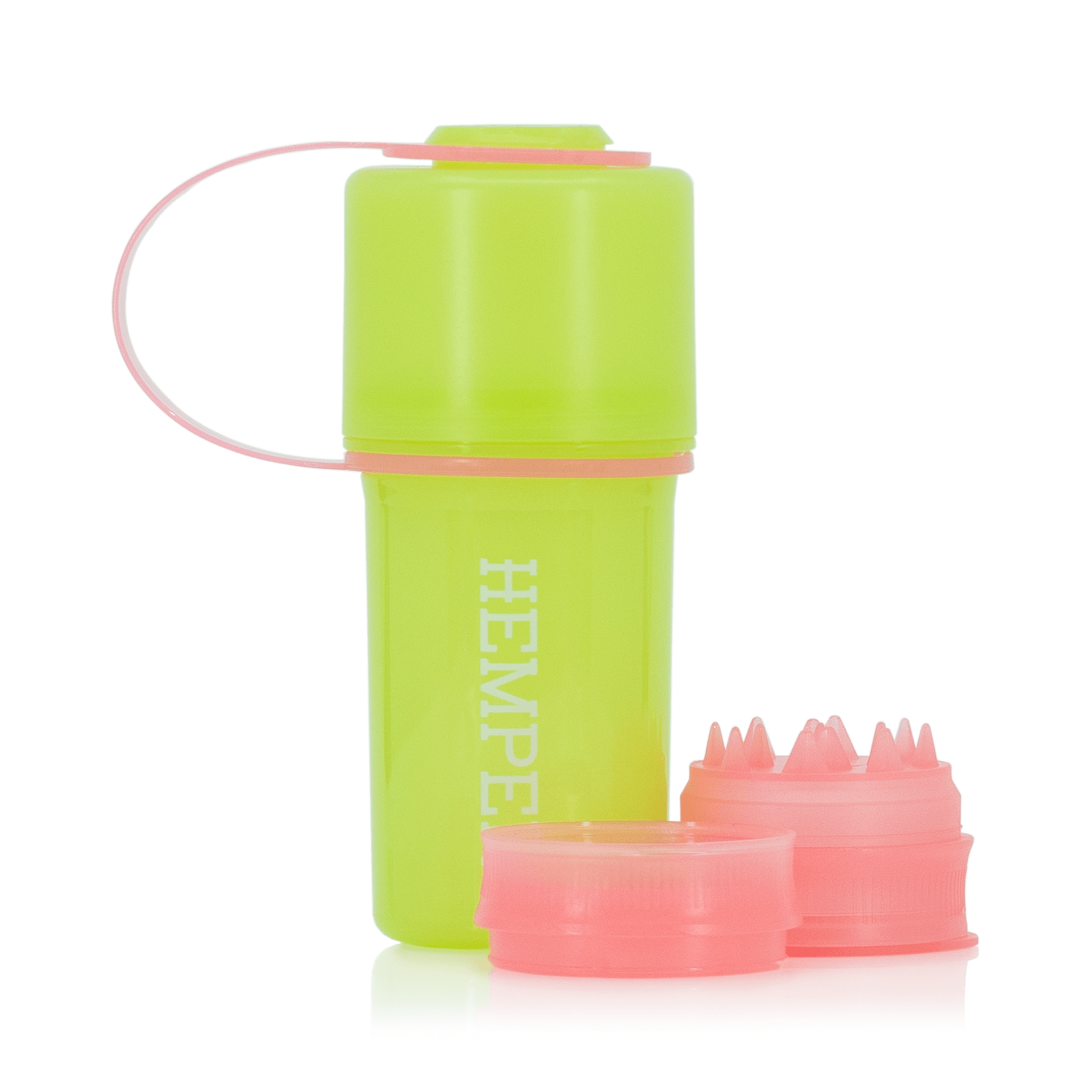 A front view of The Keeper™ By Hemper, a cylindrical container with a bright green body and orange accents, set against a plain white backdrop.