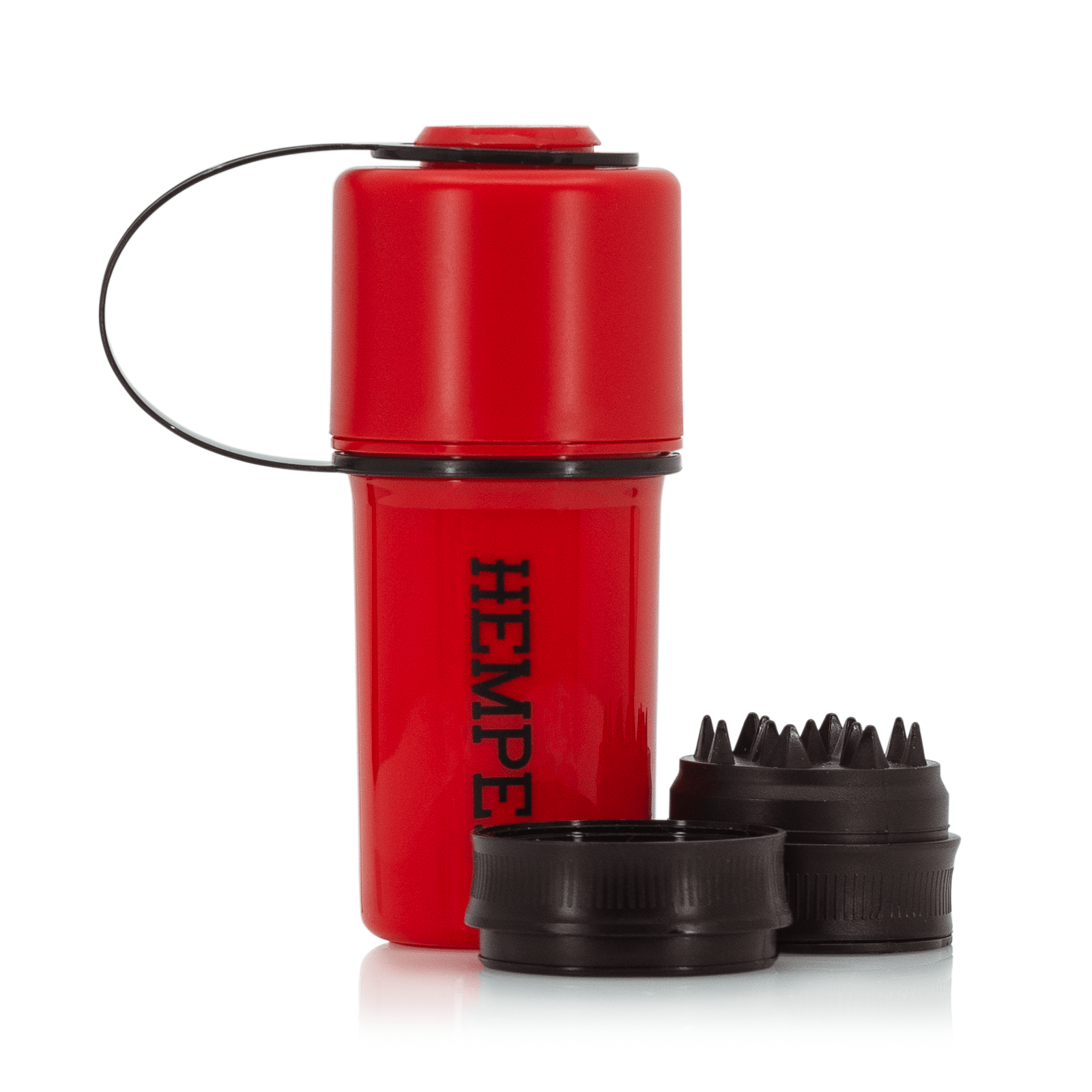 A front view of The Keeper™ By Hemper, a red silicone container with a textured exterior and lid.