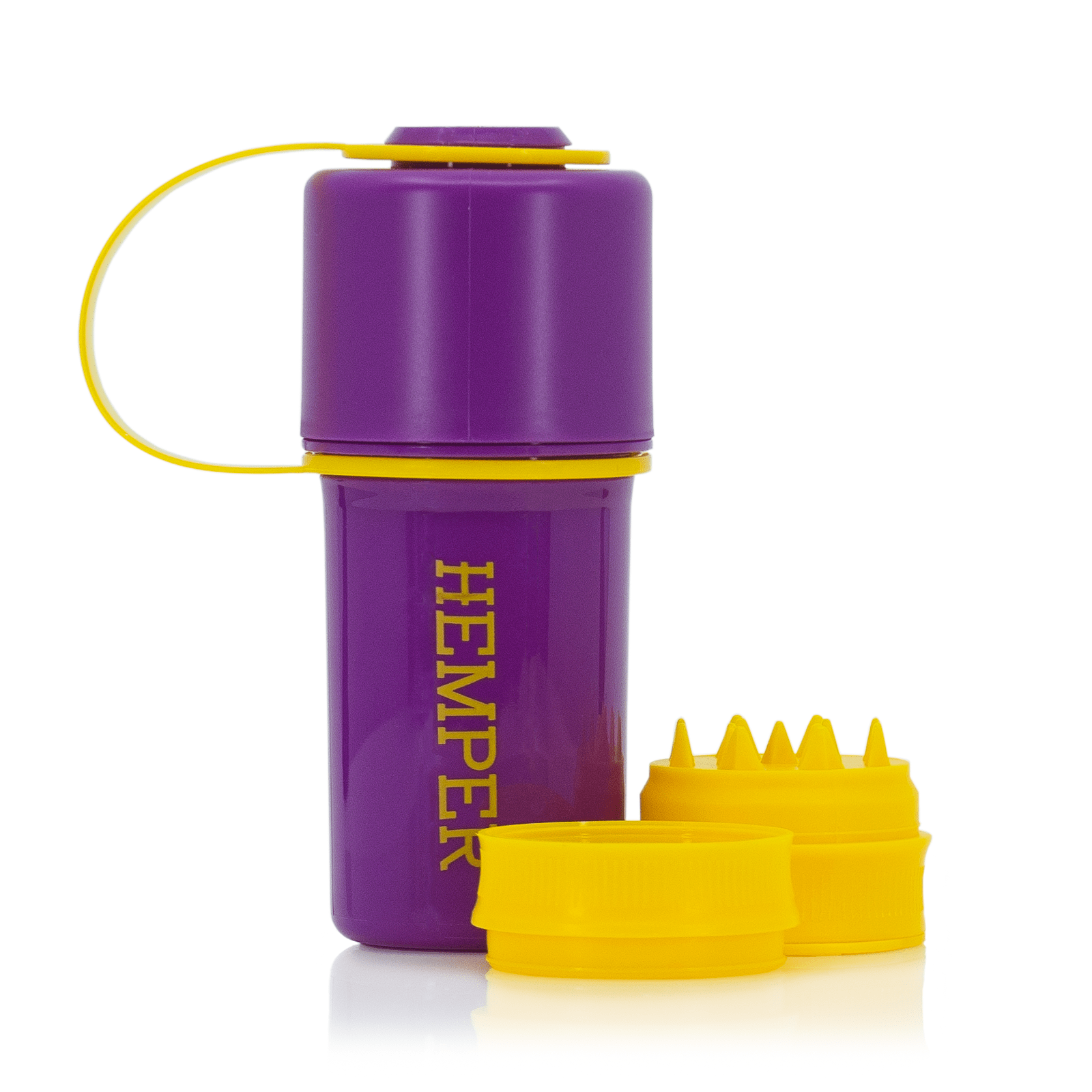 Front view of The Keeper™ By Hemper, a purple silicone sleeve protecting a clear glass piece with a yellow lanyard.