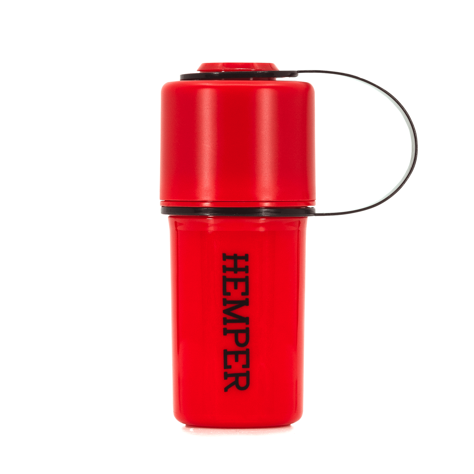 Front view of The Keeper™ By Hemper, a cylindrical, red container with a visible black cap and loop.