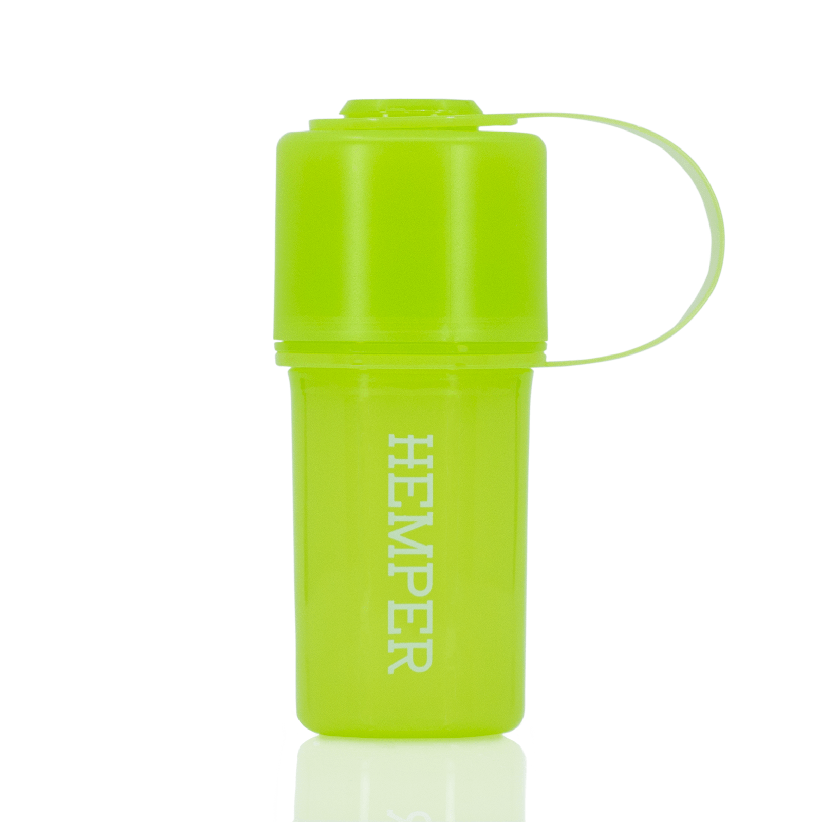 Front view of The Keeper™ By Hemper, a sleek, cylindrical container reflecting on a glossy surface.