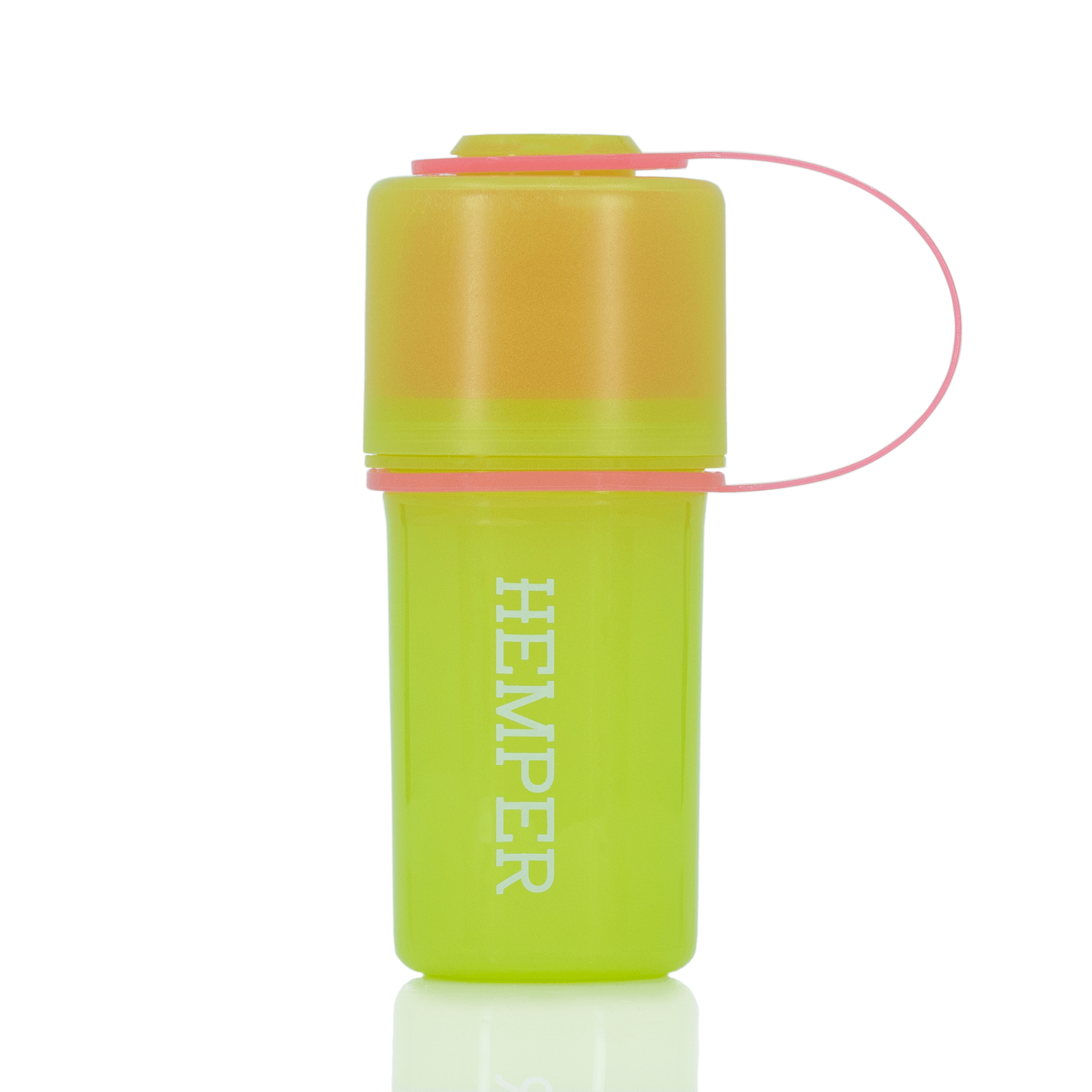 Front view of The Keeper™ By Hemper, a sleek, cylindrical container reflecting on a glossy surface.