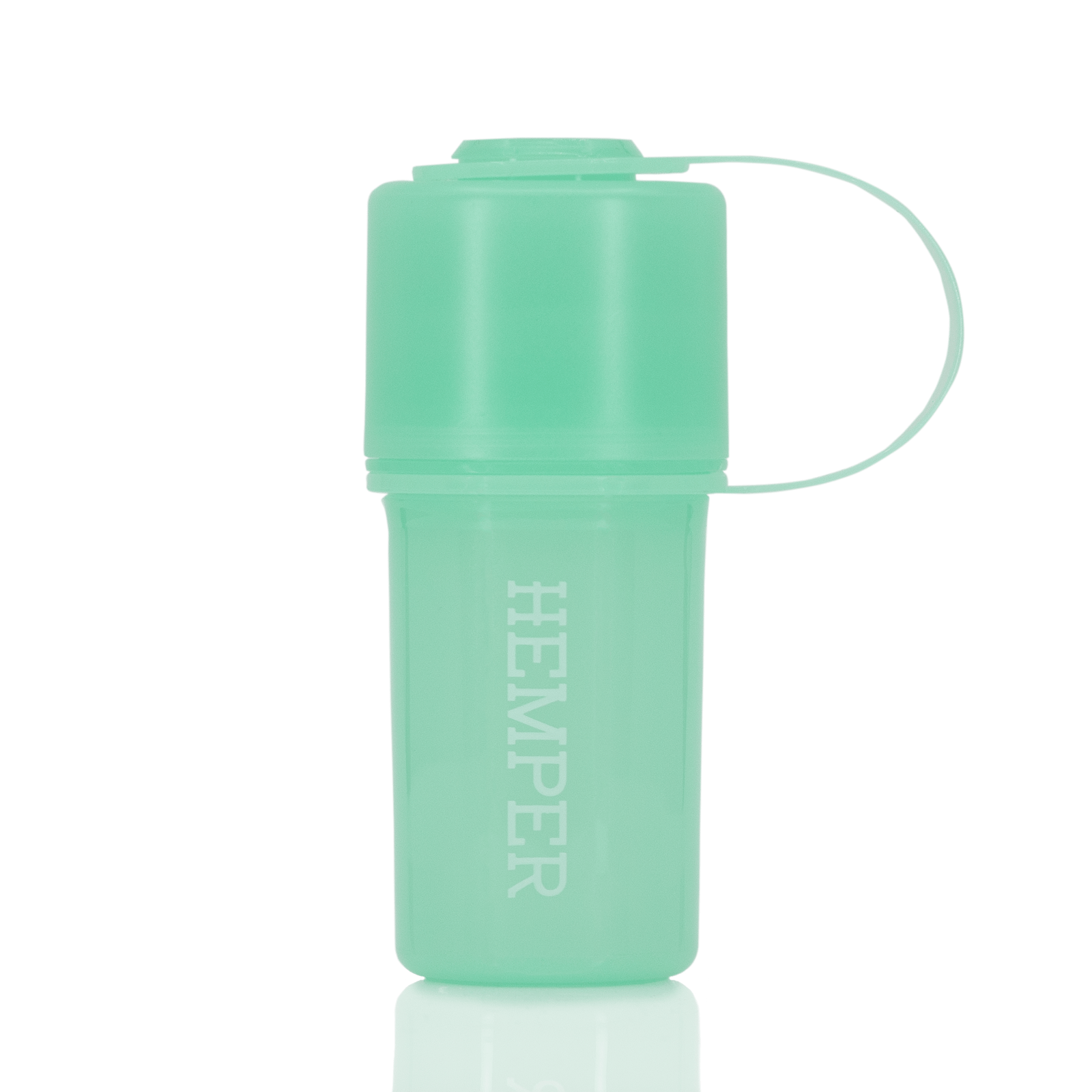Front view of The Keeper™ By Hemper, a sleek, cylindrical case reflecting on a glossy surface.