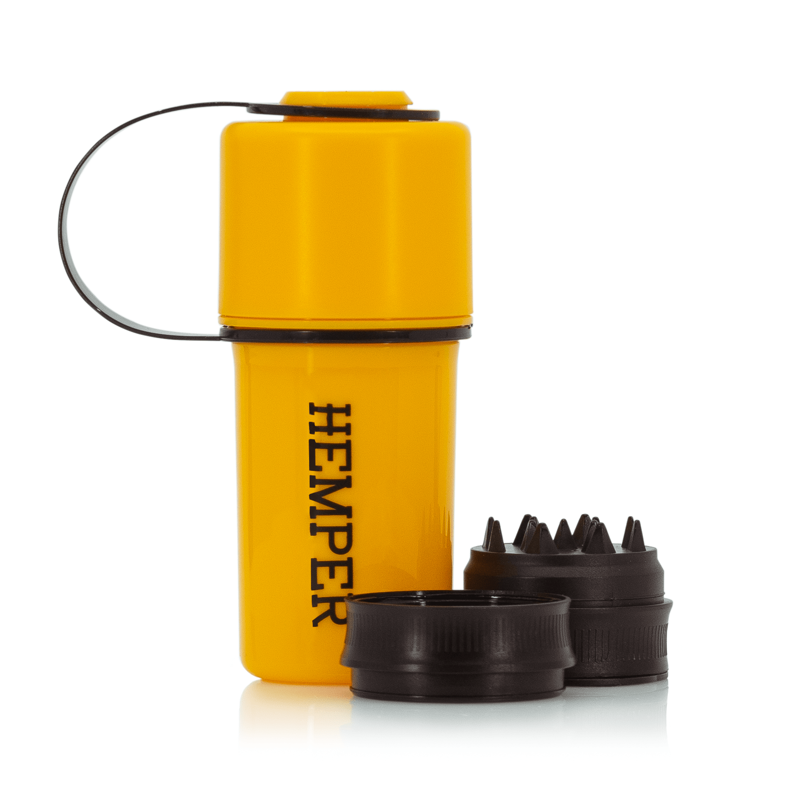 Front view of The Keeper™ By Hemper, a black silicone container with a ribbed design and a visible carrying loop.