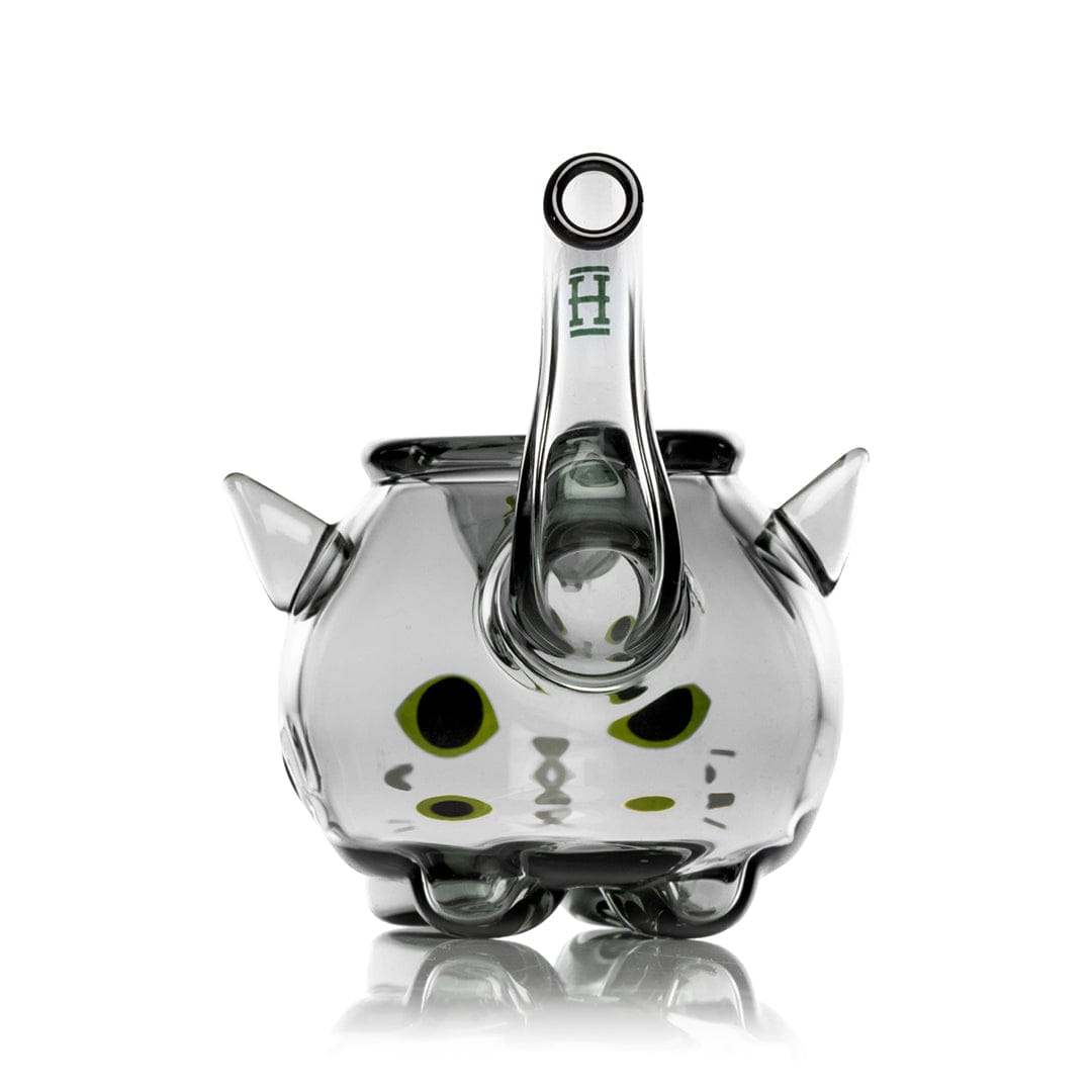 A studio shot presents the Black Cat Handpipe 3” with a sleek, curved design and reflective surface against a neutral backdrop.