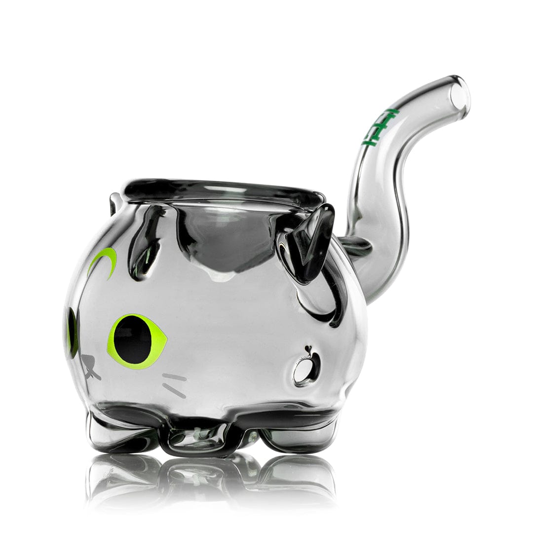A three-inch Black Cat Handpipe, shown in a detailed close-up against a white reflective surface.