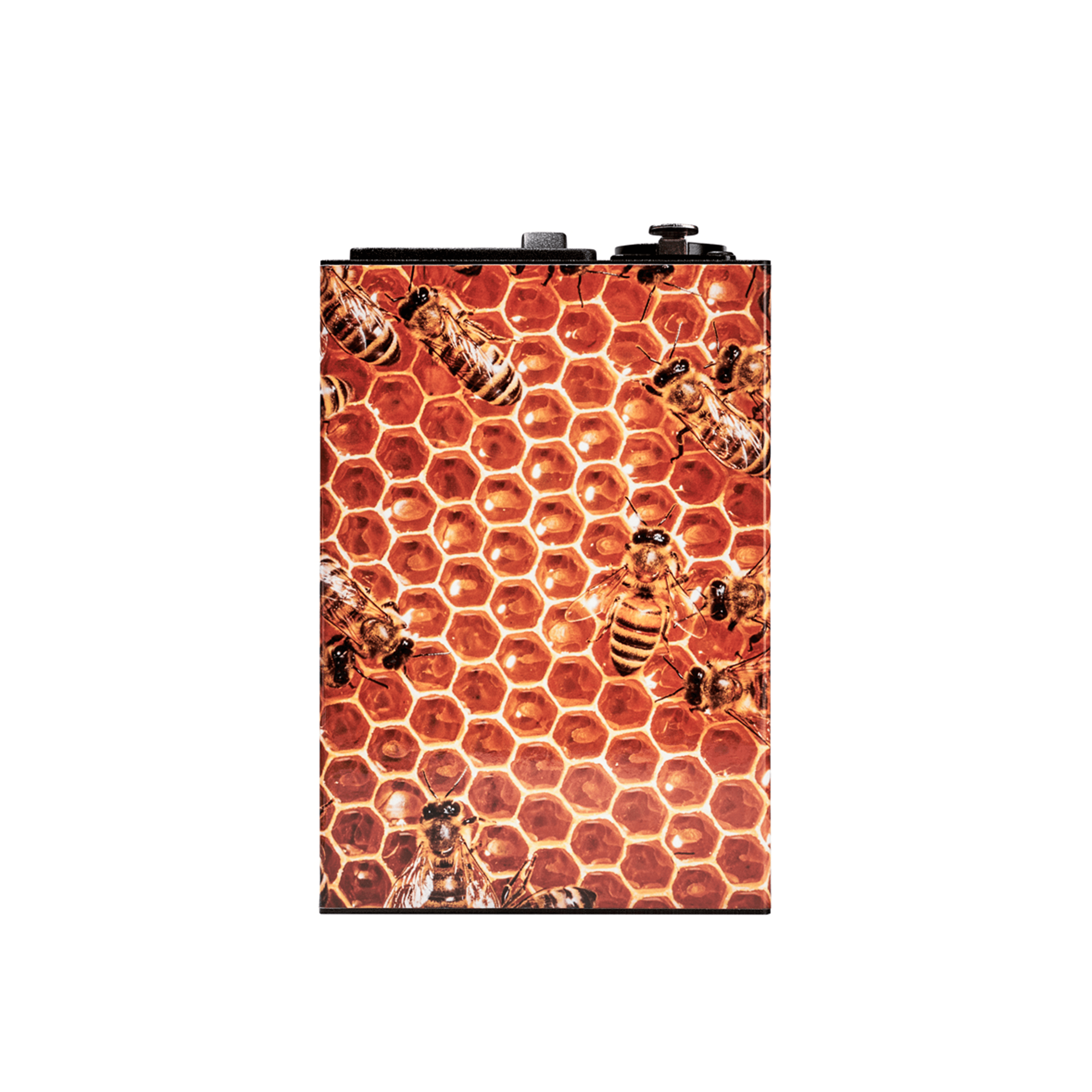 Top-front view of the LCD E-Nail Hybrid Nail Kit showing a honeycomb and bee skin wrap with the device's black control knobs.