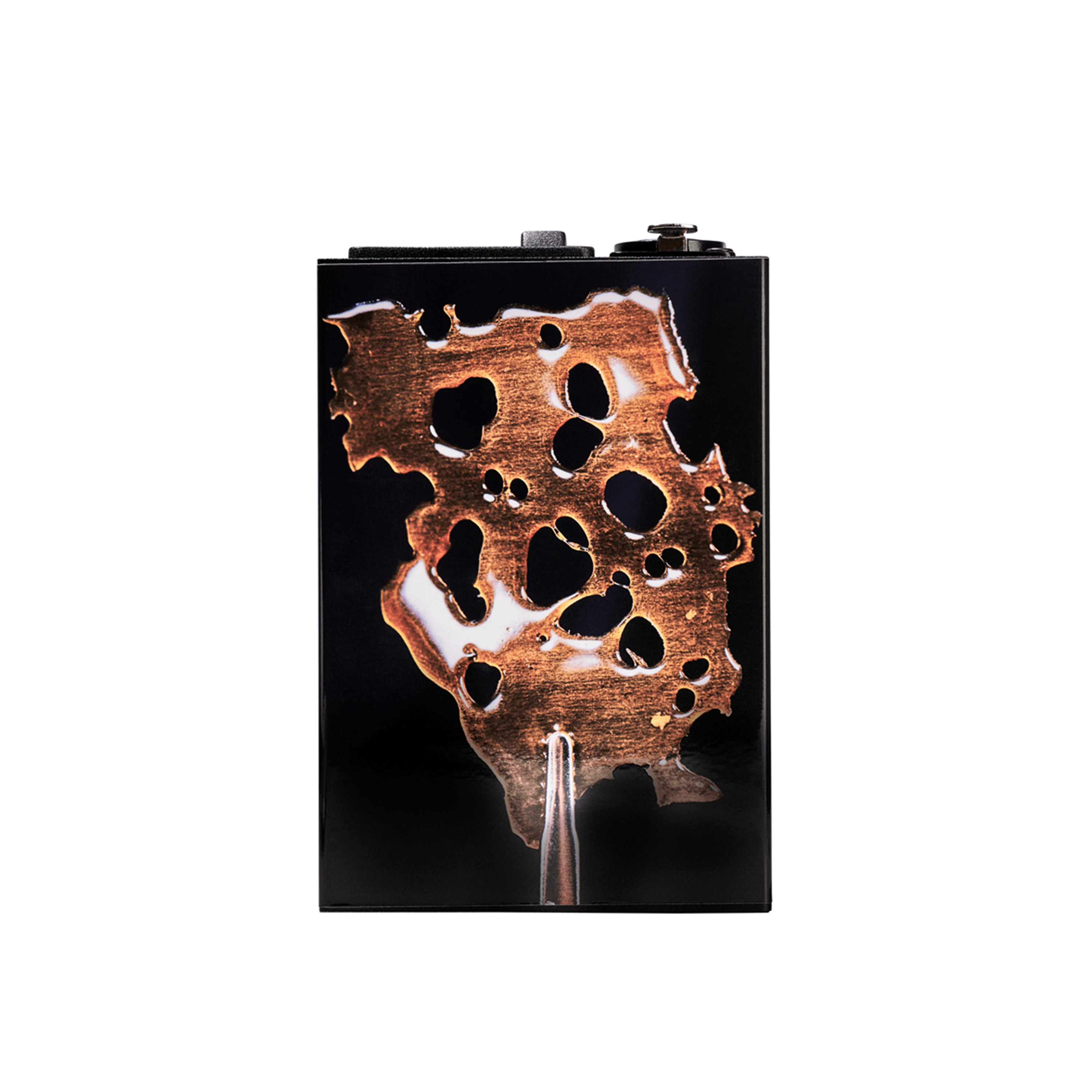 Close-up front view of the LCD E-Nail Titanium Nail Kit showing a glossy black panel with melted golden titanium texture and top hardware.