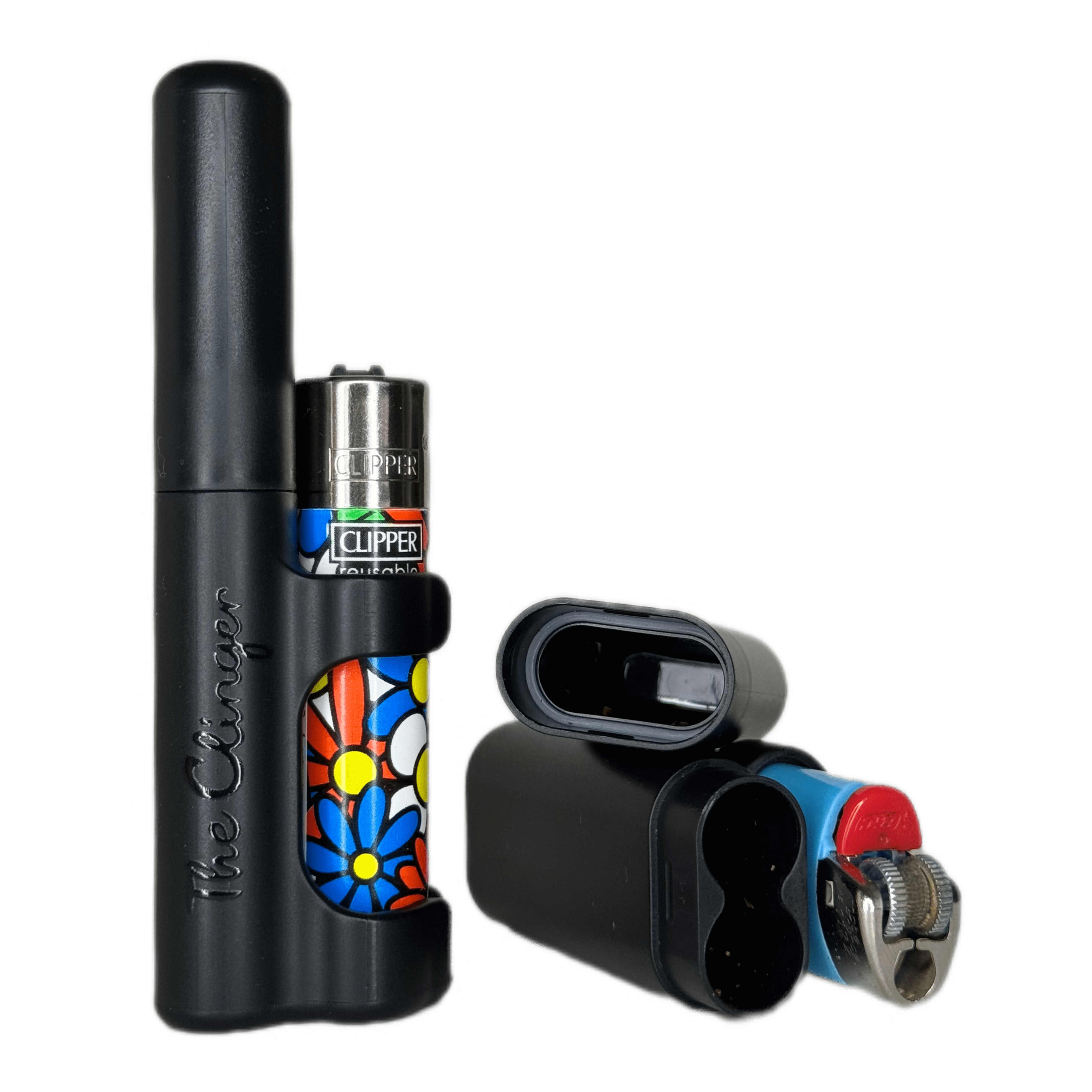 A close-up shows The Clinger Stage 2 Dual Joint Holder alongside a lighter, with the device angled slightly to highlight its cylindrical form.