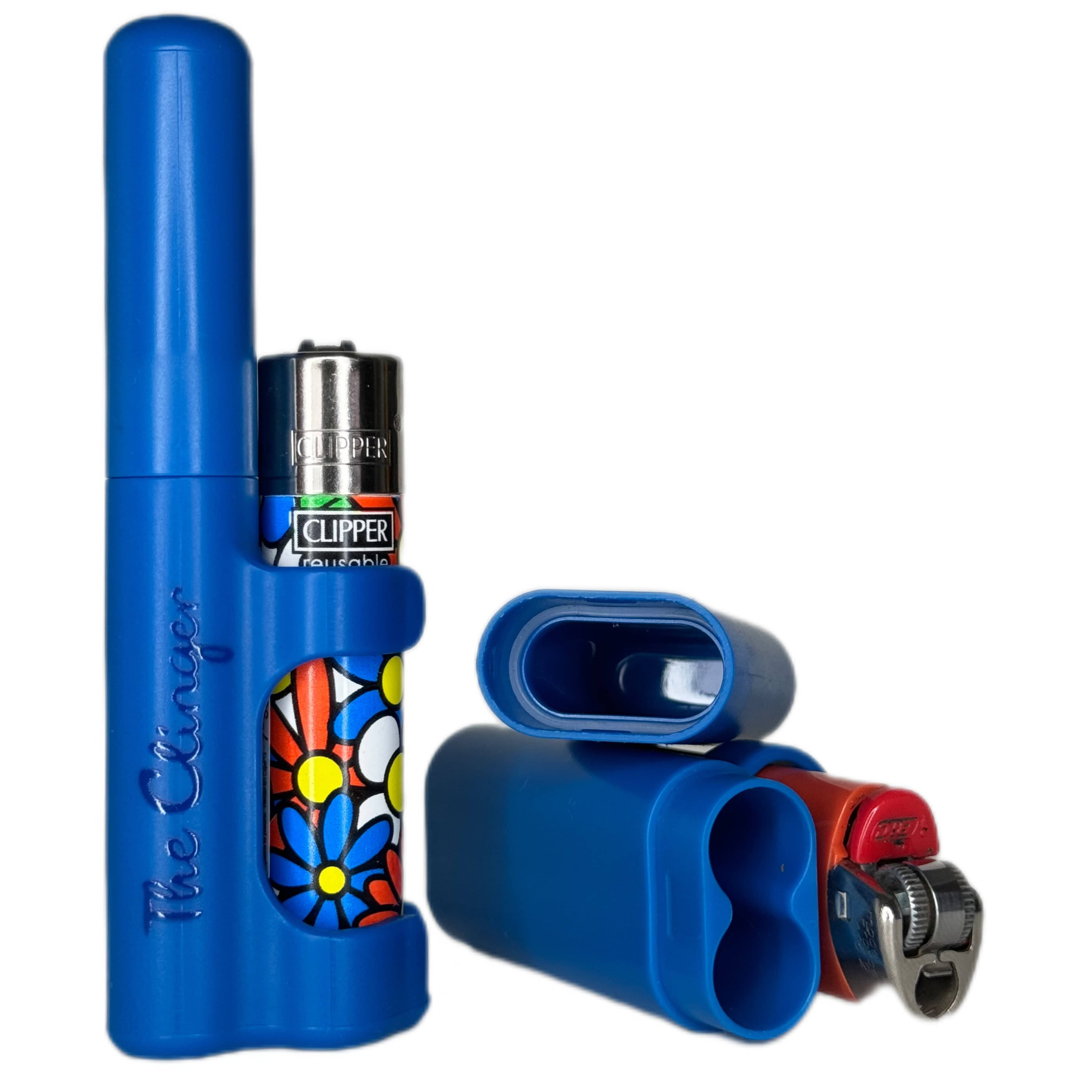 A slightly angled view of The Clinger Stage 2 Dual Joint Holder, showing its open, two-piece design next to a lighter.