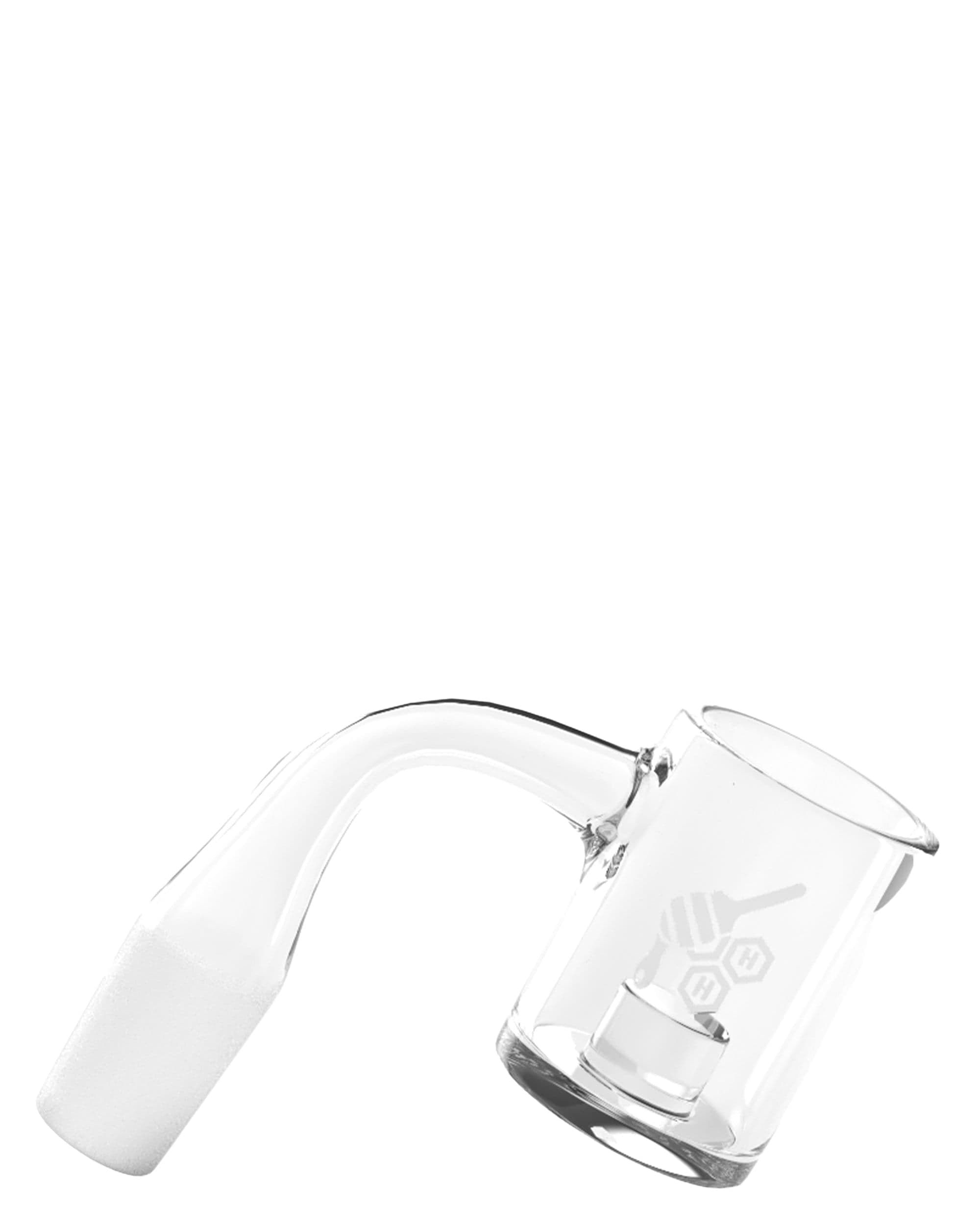 Angled close-up of the clear glass CORE REACTOR QUARTZ BANGER - 90° DEGREE | YL showing its curved 90-degree neck and bucket chamber against a white background
