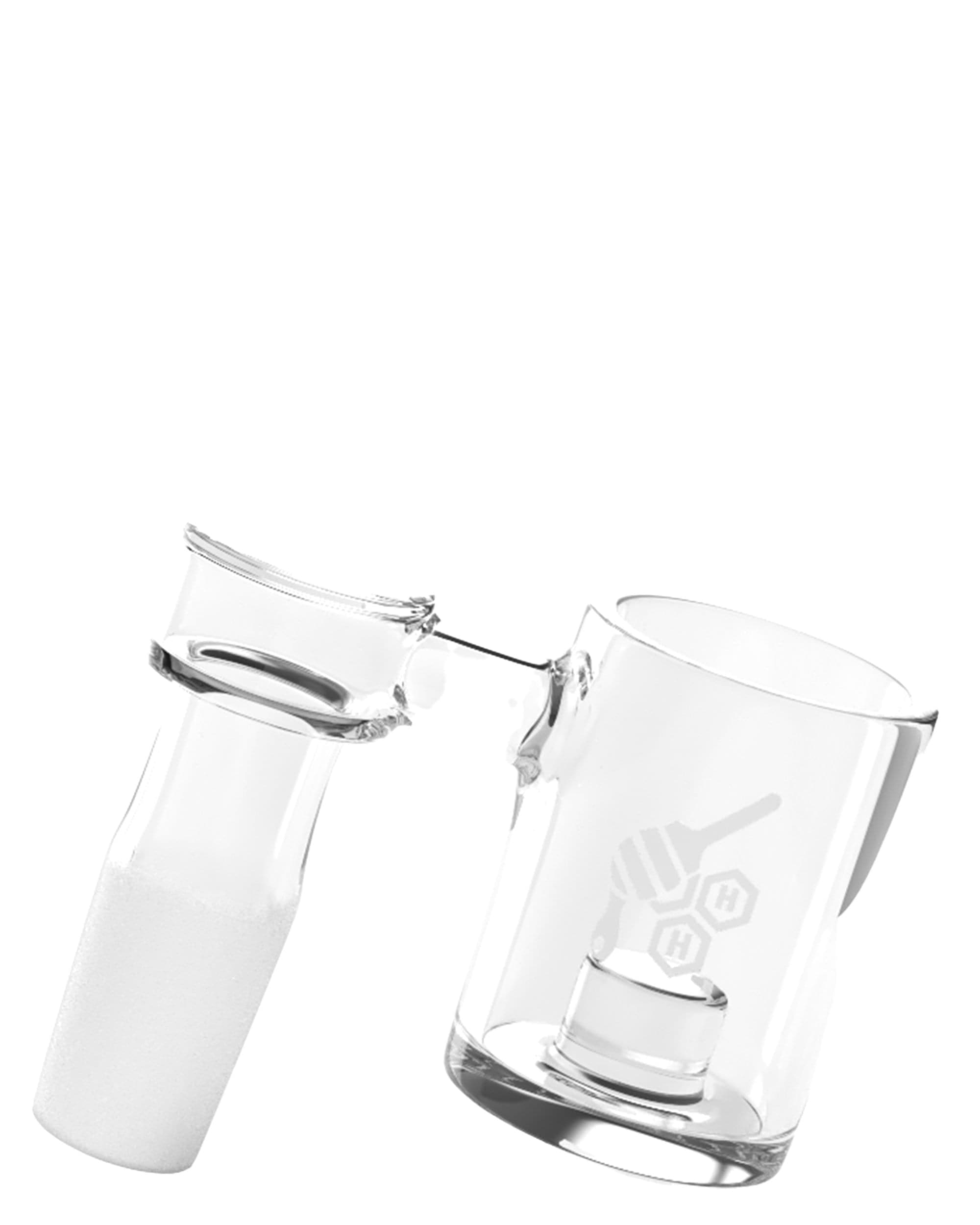 Close-up angle of the clear CORE REACTOR SIDECAR QUARTZ BANGER - 90° DEGREE | YL showing the joint and bucket with subtle logo visible.