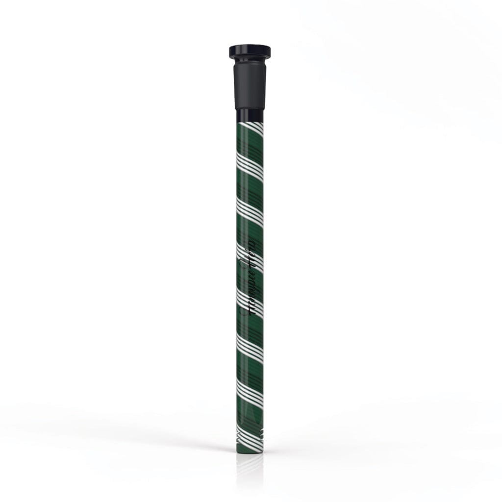 A straight-on view of the CANDY POP DOWNSTEM, a clear glass piece with vertical stripes, reflecting light on a neutral background.