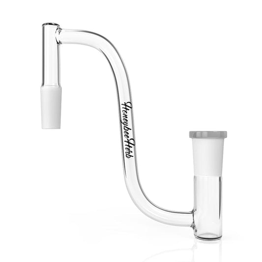 A side view of the GOOSE NECK GLASS DROP DOWN, showing a clear, curved glass piece with a downward-extending neck.