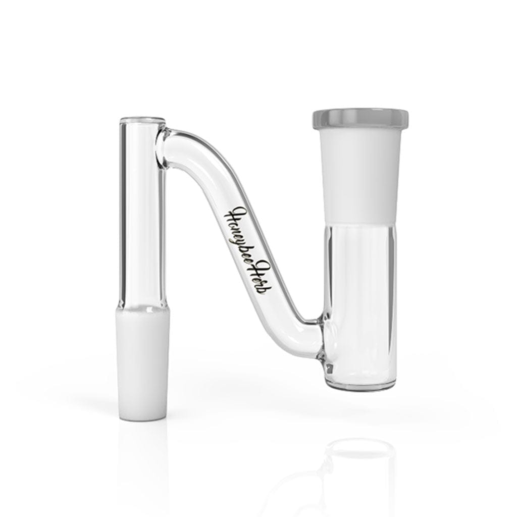 Front-facing view of the MINI GOOSE NECK GLASS DROP DOWN showing its clear glass S-shaped neck and two frosted joints against a white background.