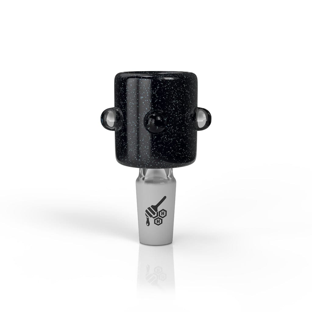 A close-up, angled view of the DICHRO CYCLINER GALAXY BONG FLOWER BOWL, showcasing its dark, speckled glass construction.