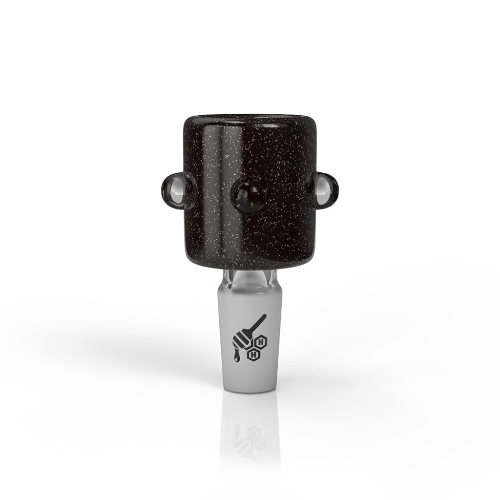 A close-up, angled view of the DICHRO CYCLINER GALAXY BONG FLOWER BOWL, featuring a dark, speckled glass bowl against a plain white background.