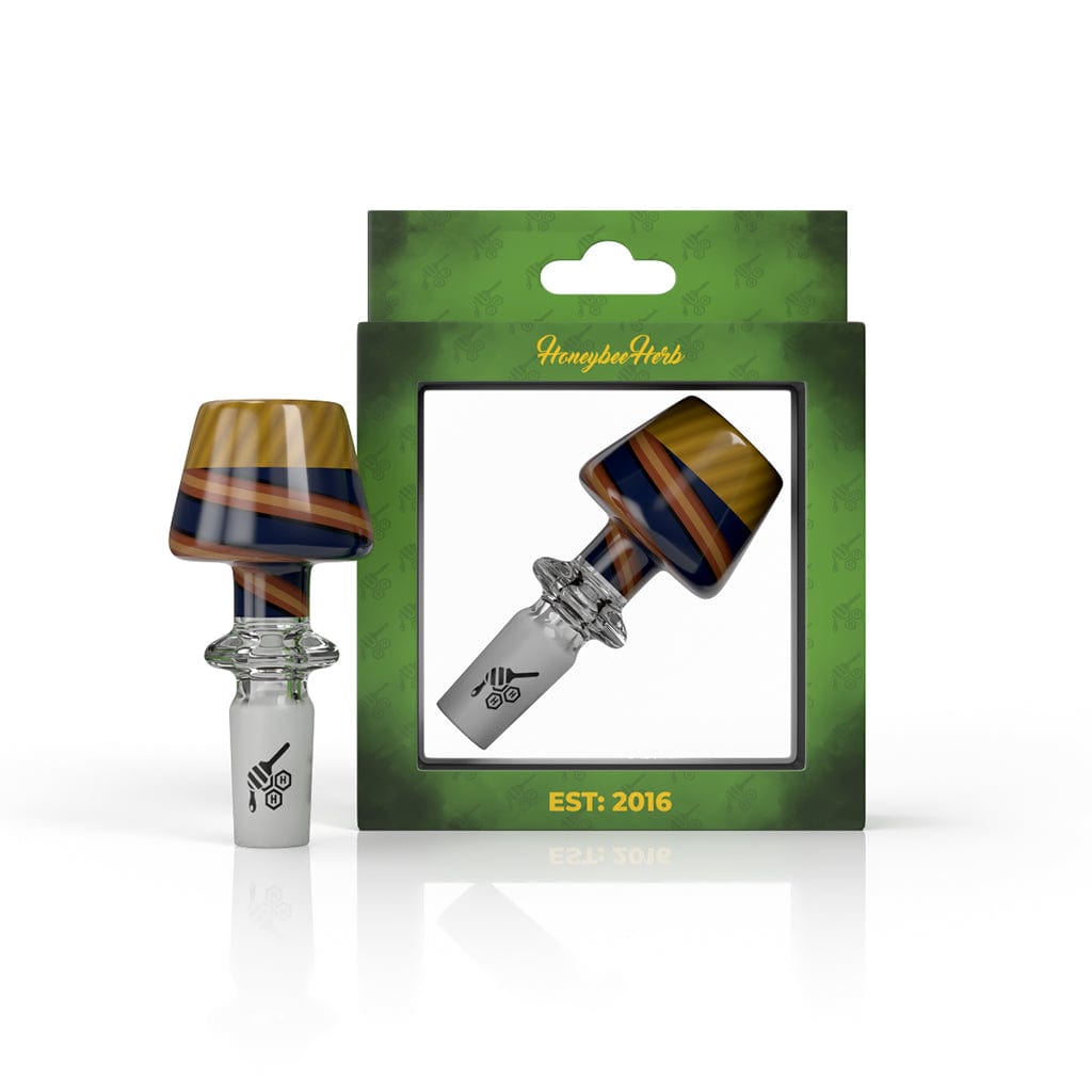 A close-up of the FIRE PIT TOP WHRIL BONG BOWL SLIDE, displaying a vibrant, patterned glass piece against a dark background.