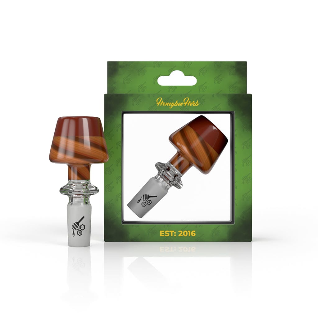 Front view of the FIRE PIT TOP WHRIL BONG BOWL SLIDE, showcasing a rounded brown glass bowl against a plain white backdrop.