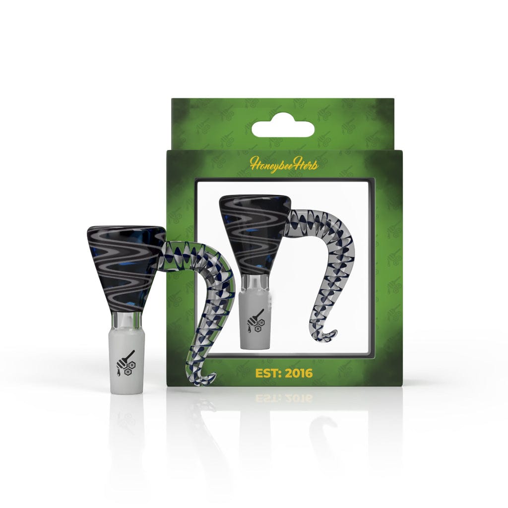 Packaged glass smoking pipes with blue and green swirl designs, branded “Honeybee Herbs Est. 2016.”