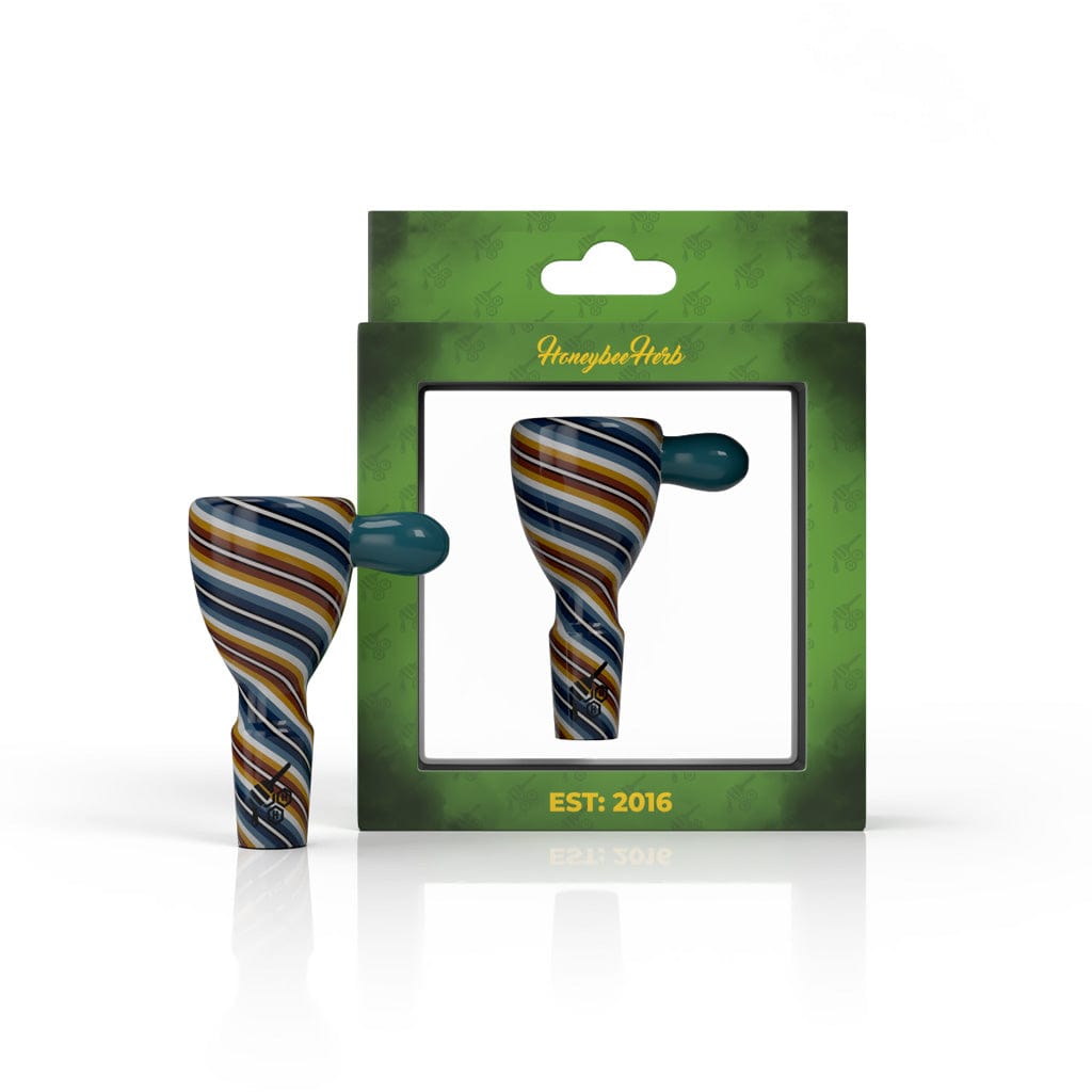 A close-up of the WIG WAG STRIPPED BONG BOWL PIECE, showcasing its colorful, striped glass design against a dark background.