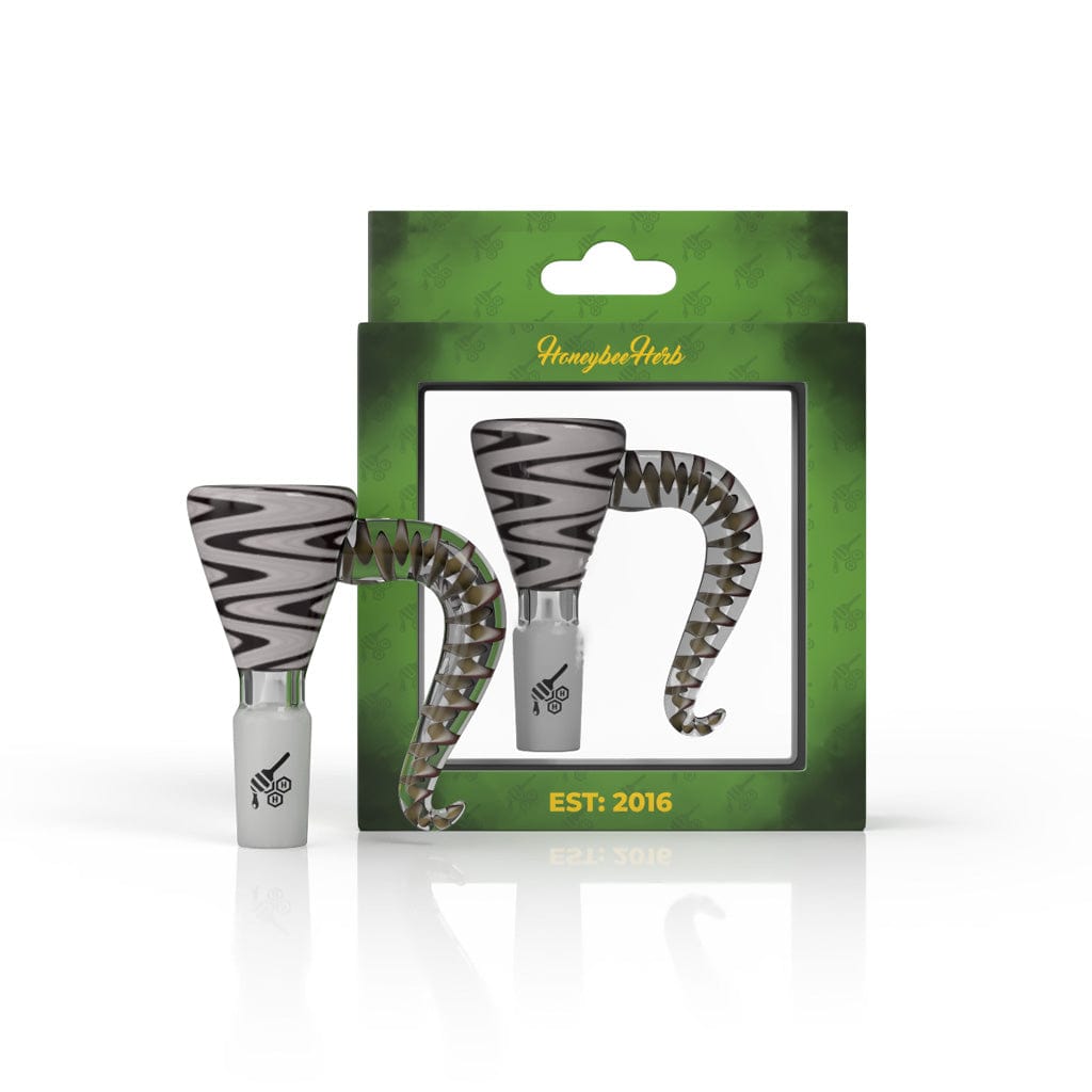 Centered product shot of the SWIRL MARTINI WITH HORN PULL FLOWER BOWL showing its black-and-white zigzag cone and curled horn handle.
