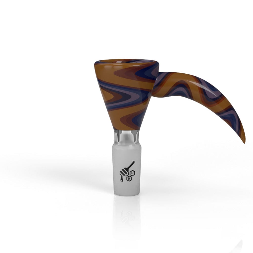 A close-up, angled view of the MARTINI FIRE WIG WAG WITH HORN PULL BONG BOWL, showcasing its colorful, patterned glass design.