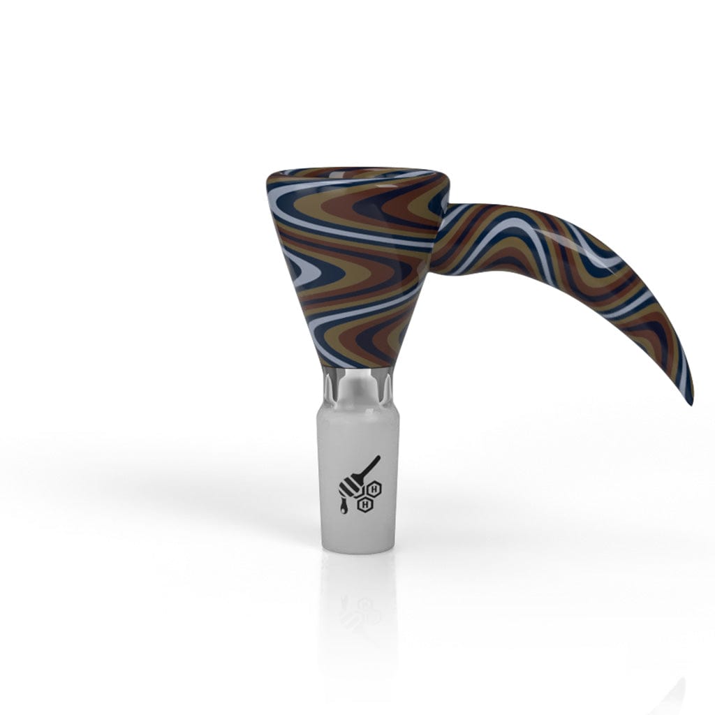 A close-up, angled view of the MARTINI FIRE WIG WAG WITH HORN PULL BONG BOWL, featuring a vibrant, colorful glass design.