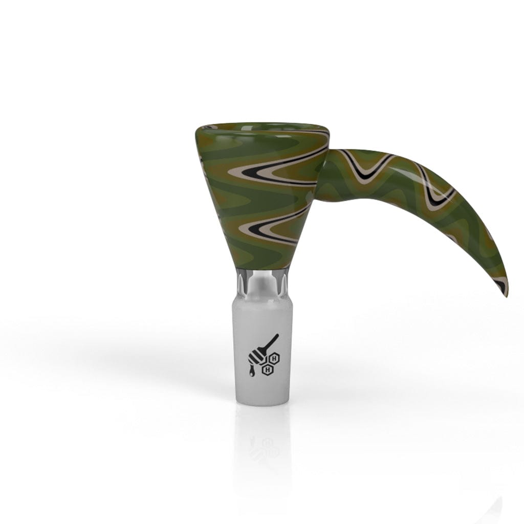 A close-up, angled view of the MARTINI FIRE WIG WAG WITH HORN PULL BONG BOWL, showcasing its patterned glass and unique horn-shaped pull.