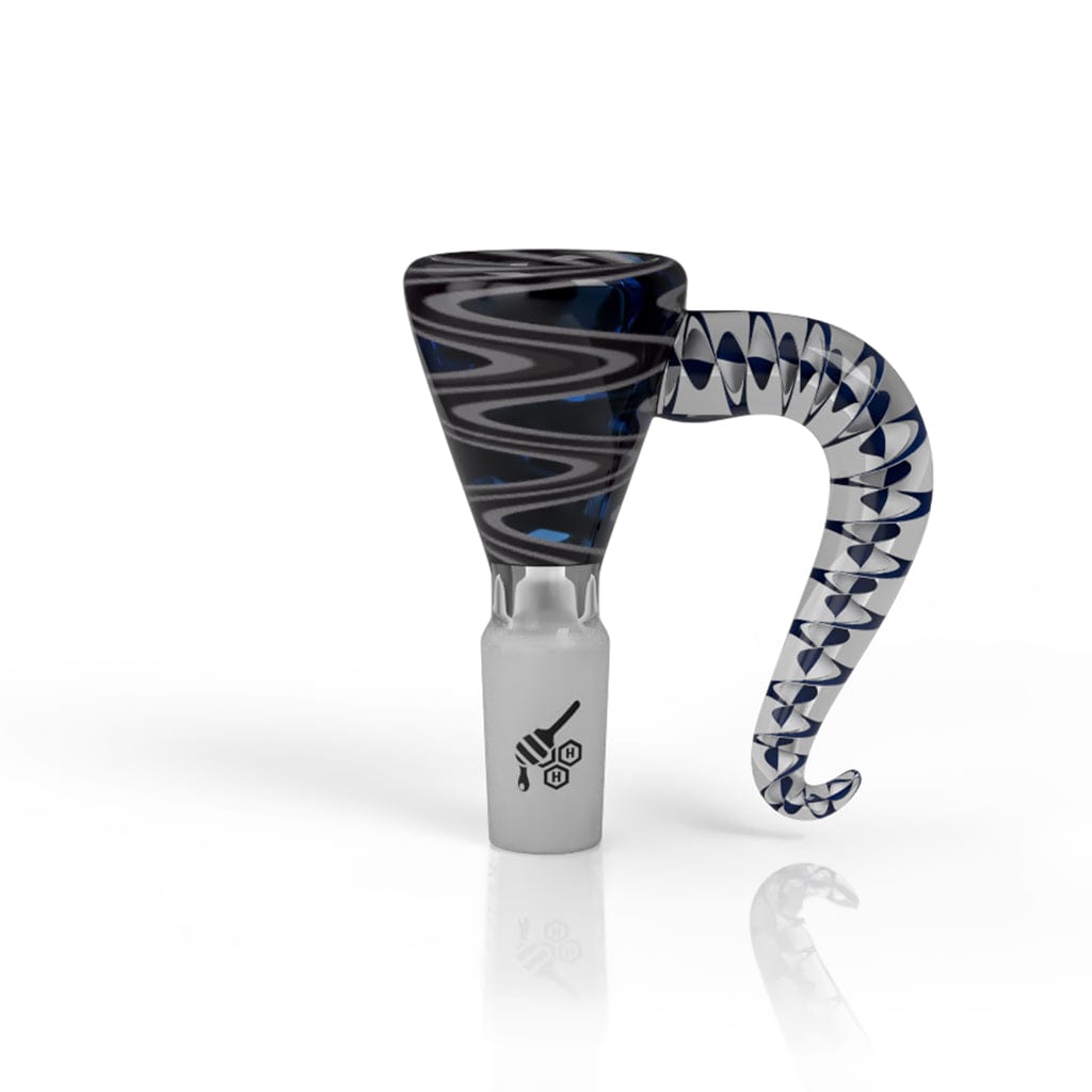 Glass cannabis water pipe with black and white swirl pattern.