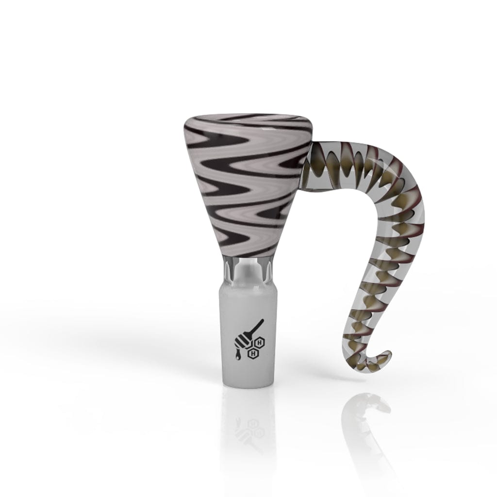 Glass cannabis water pipe with zebra-striped pattern.