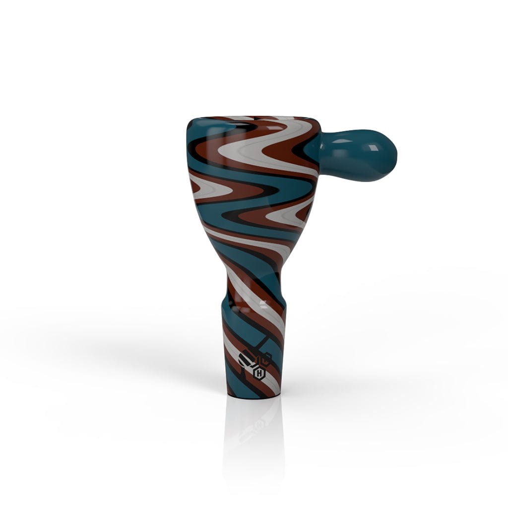 A close-up, angled view of the WIG WAG STRIPPED BONG BOWL PIECE, featuring vibrant striped coloration and a clean glass finish.
