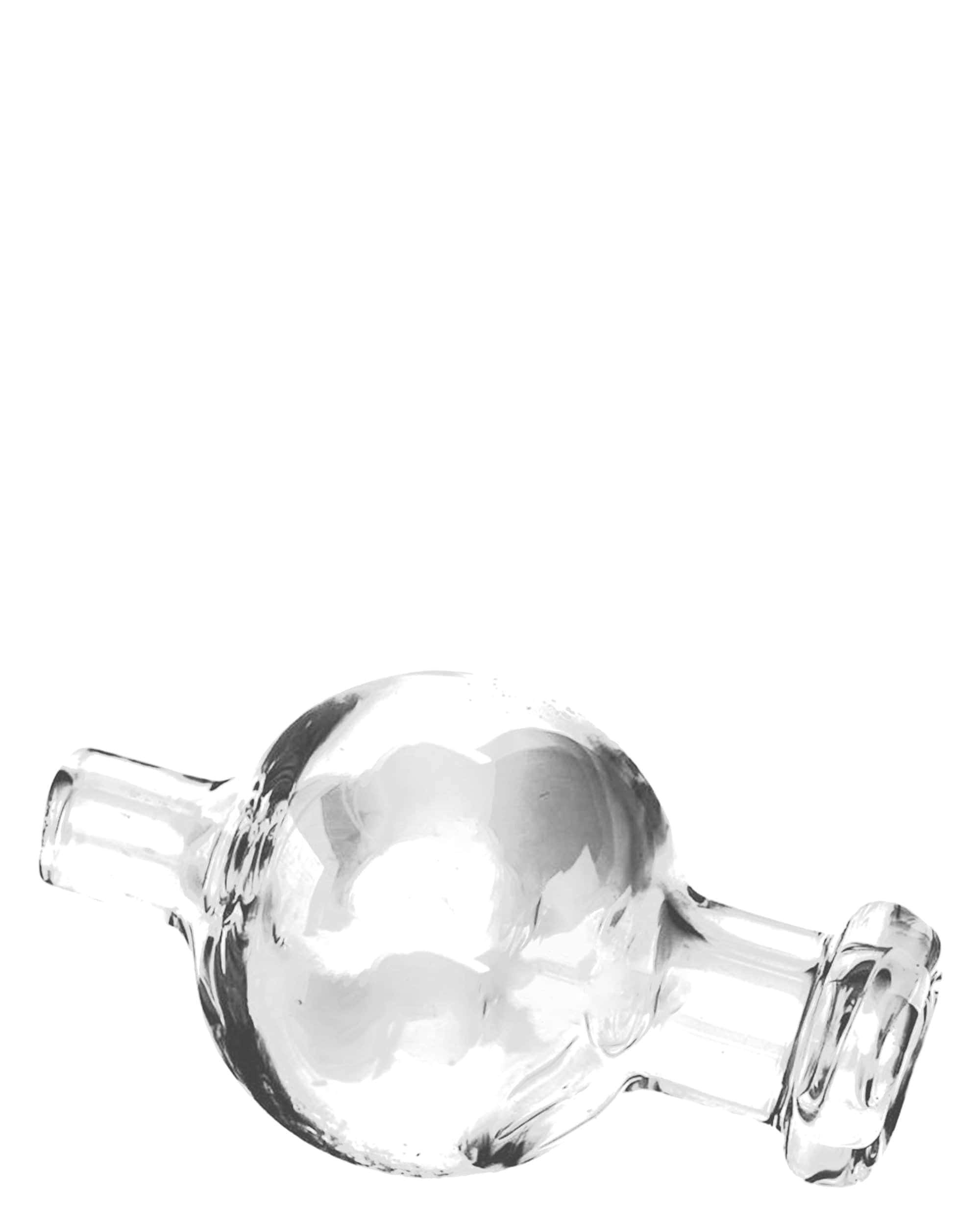 Close-up angled view of a clear Honey Bubble Carb Cap, showing its rounded bulb and two short tubular stems against a white background.