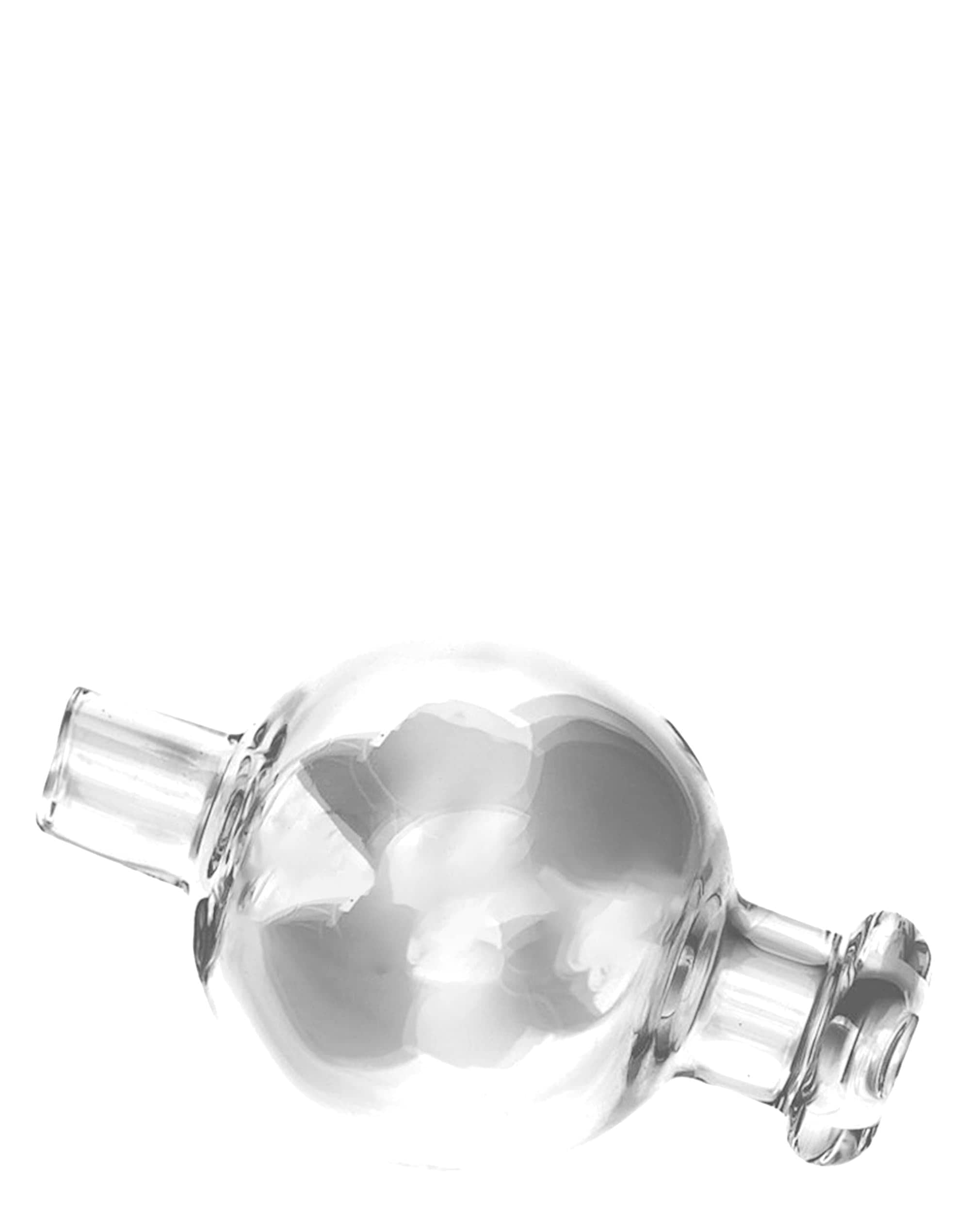 Angled close-up of the clear Honey Bubble Carb Cap showing its rounded glass dome and two short side tubes.