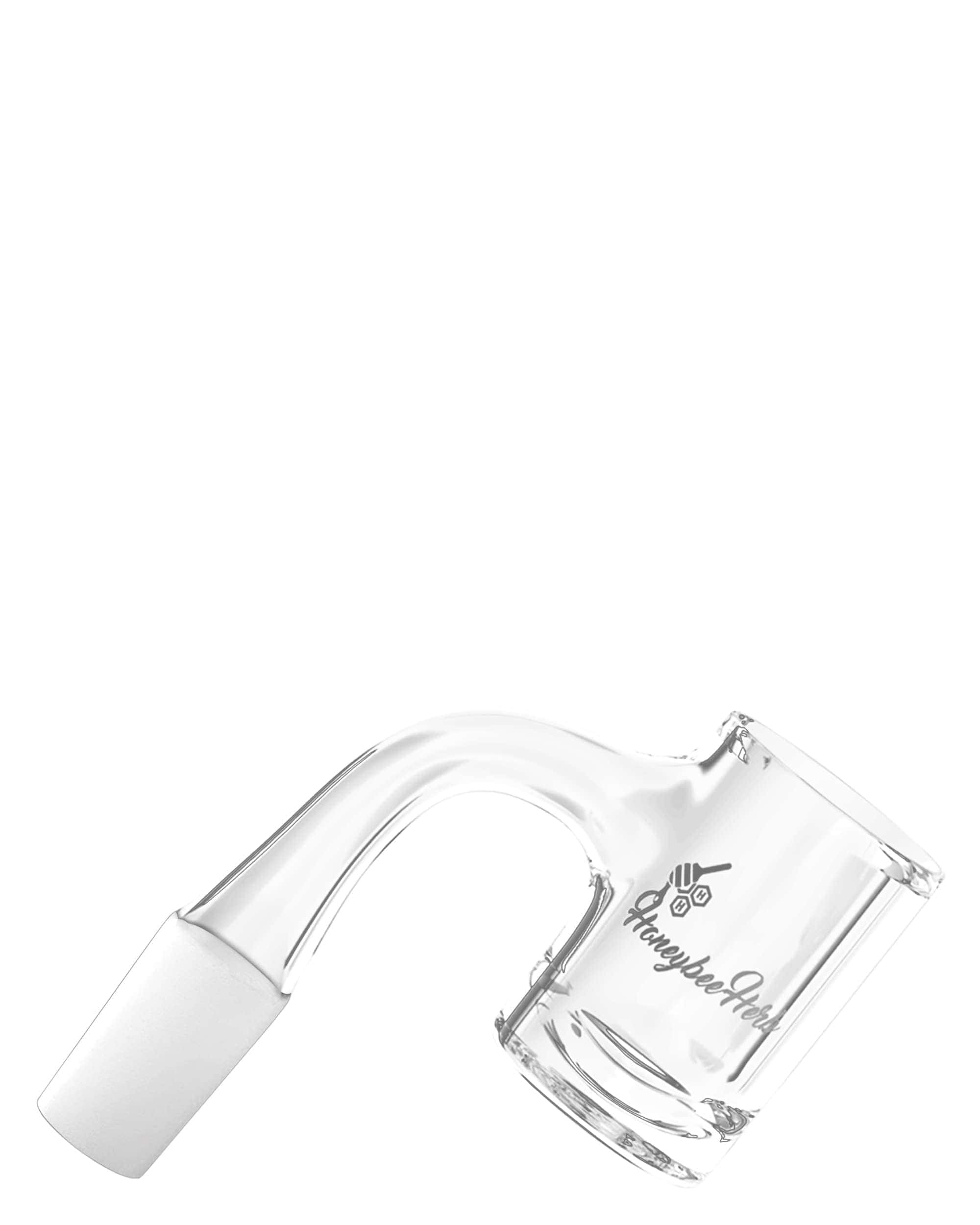Angled close-up of the Honey Hybrid Quartz Banger - 90Â° Degree | Bl showing the curved clear quartz arm and branded beaker cup against a white background