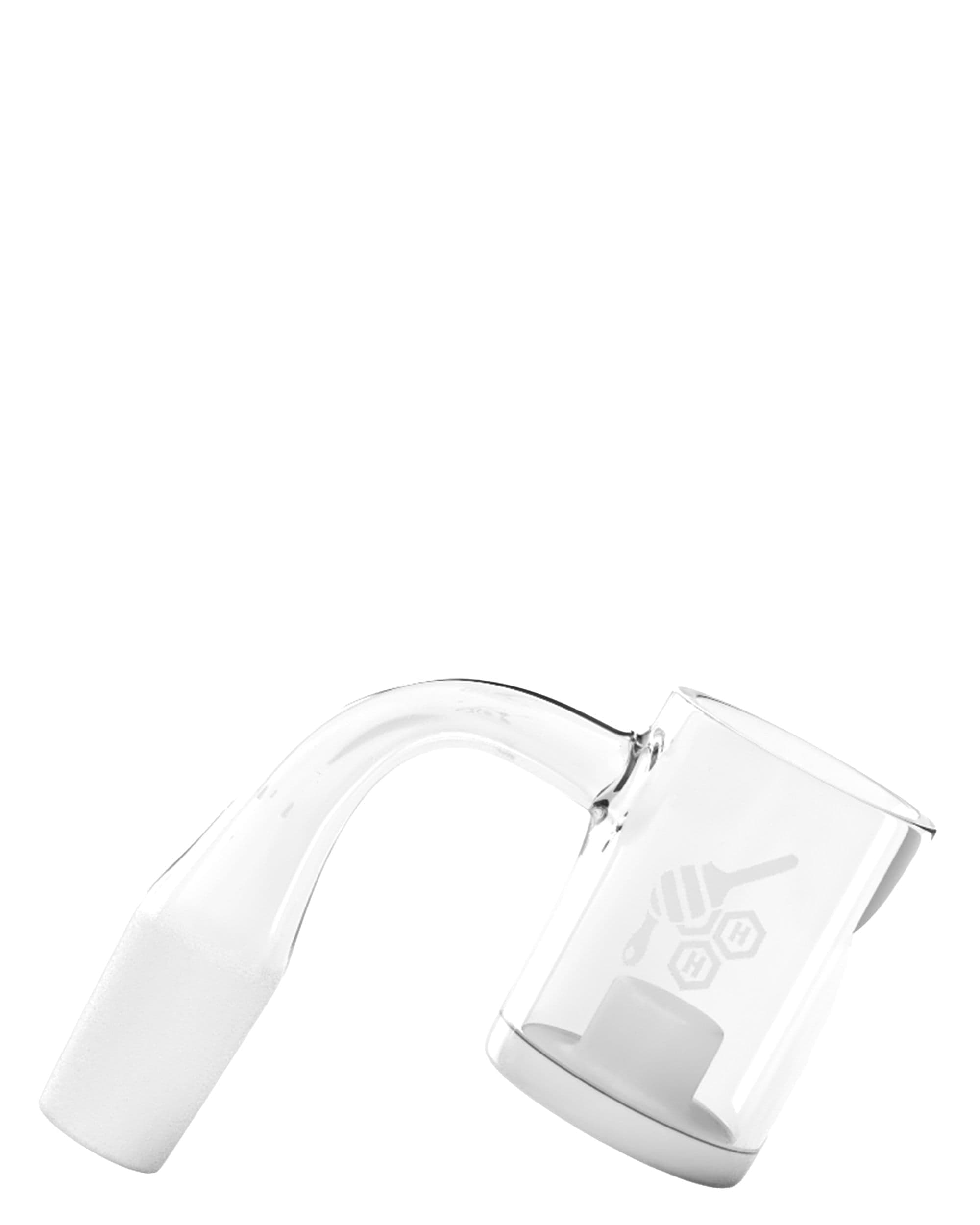 Angled close-up of the clear HONEY & MILK CORE REACTOR QUARTZ BANGER - 90Â° DEGREE | YL showing its curved quartz neck and bucket on a white background