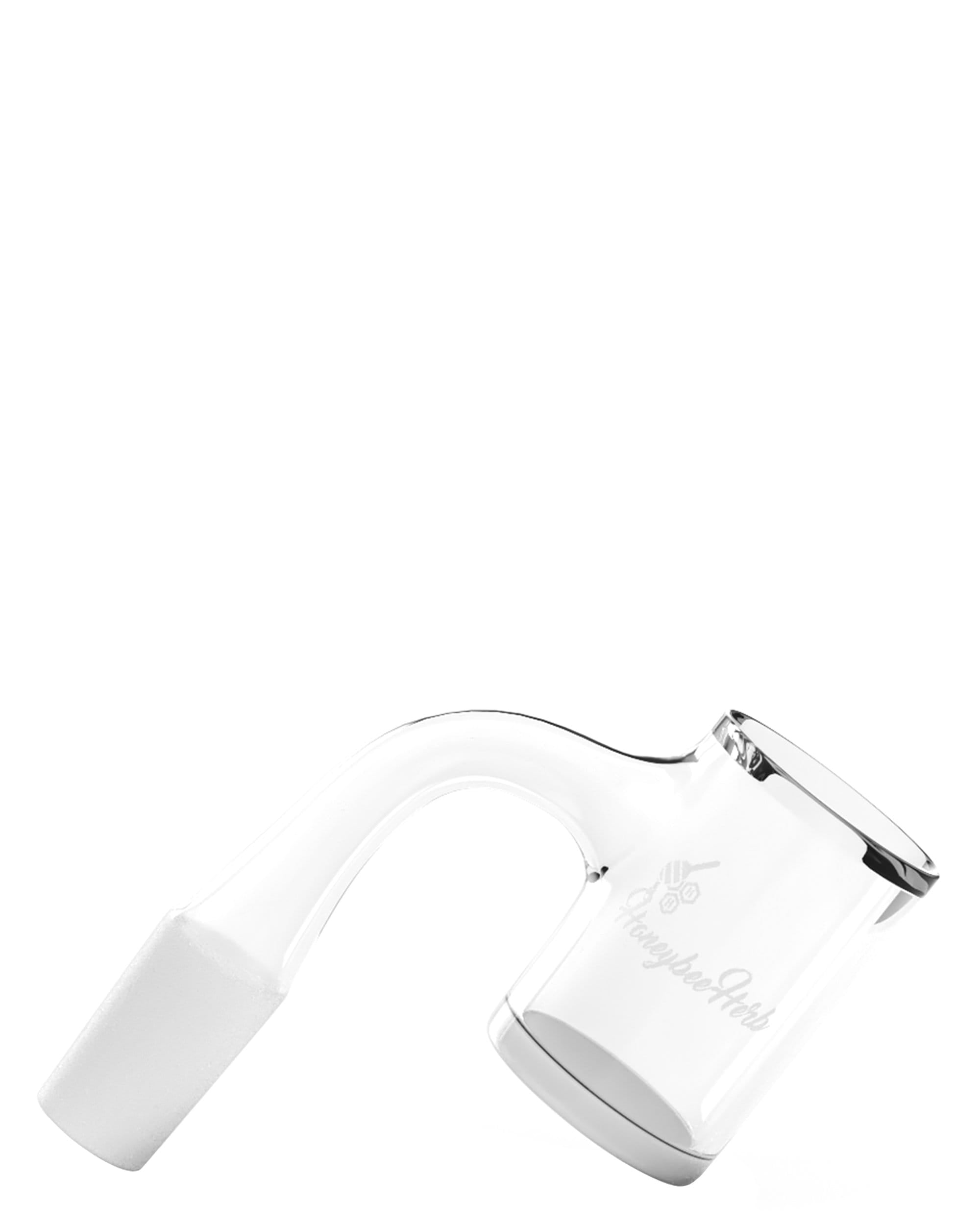 Close-up angled view of the Honey & Milk Bevel Quartz Banger - 90° | Black Line showing its curved clear quartz joint and polished beveled rim against a white background