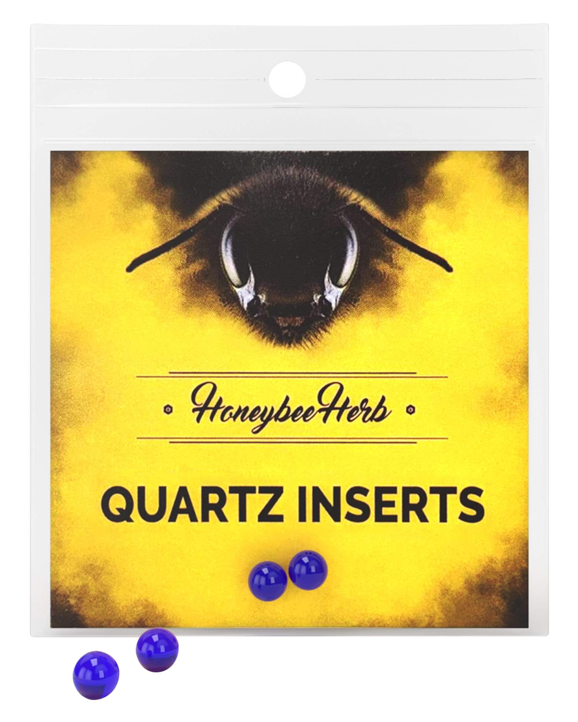 Close-up front view of a yellow packet labeled Honeybee Herb Honey Pearls showing a bee graphic and three glossy blue pearls on a white background.