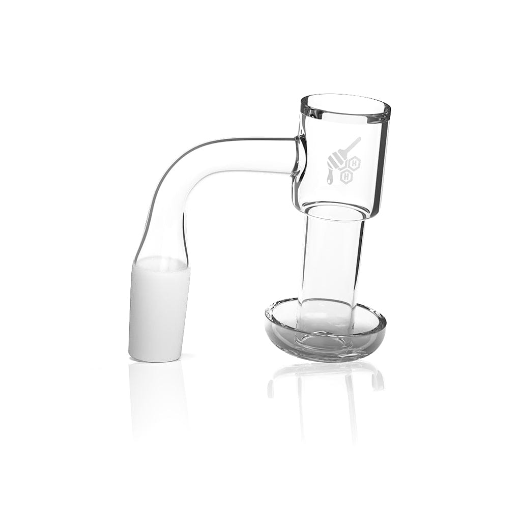 Angled studio shot of the Honeysuckle Bevel Quartz Banger - 90Â° Degree | Yl showing its clear 90° joint, bucket cup, and beveled base on white.