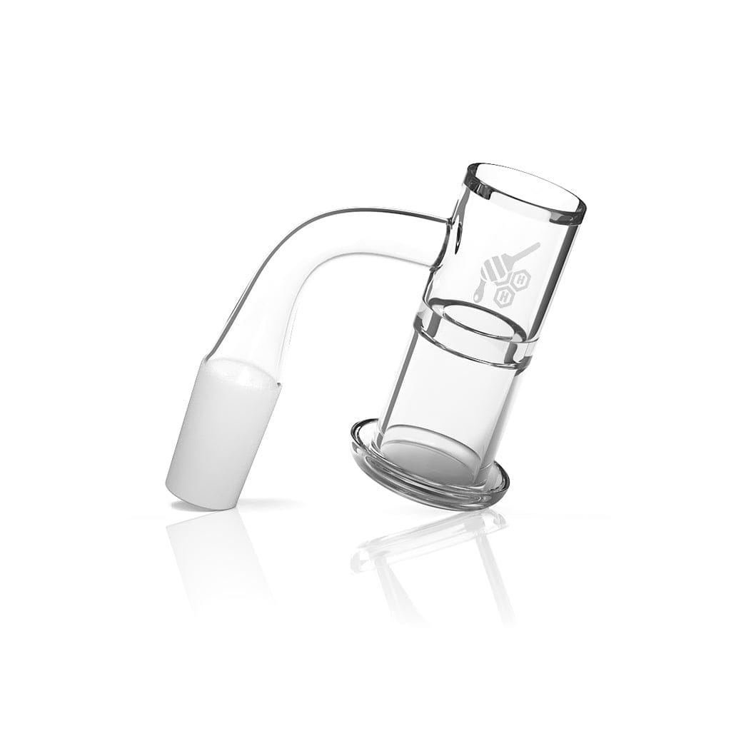 Angled studio shot of the Honeysuckle Xl Quartz Banger - 90Â° Degree | Yl showing the clear glass joint and bucket with subtle reflection on a white background