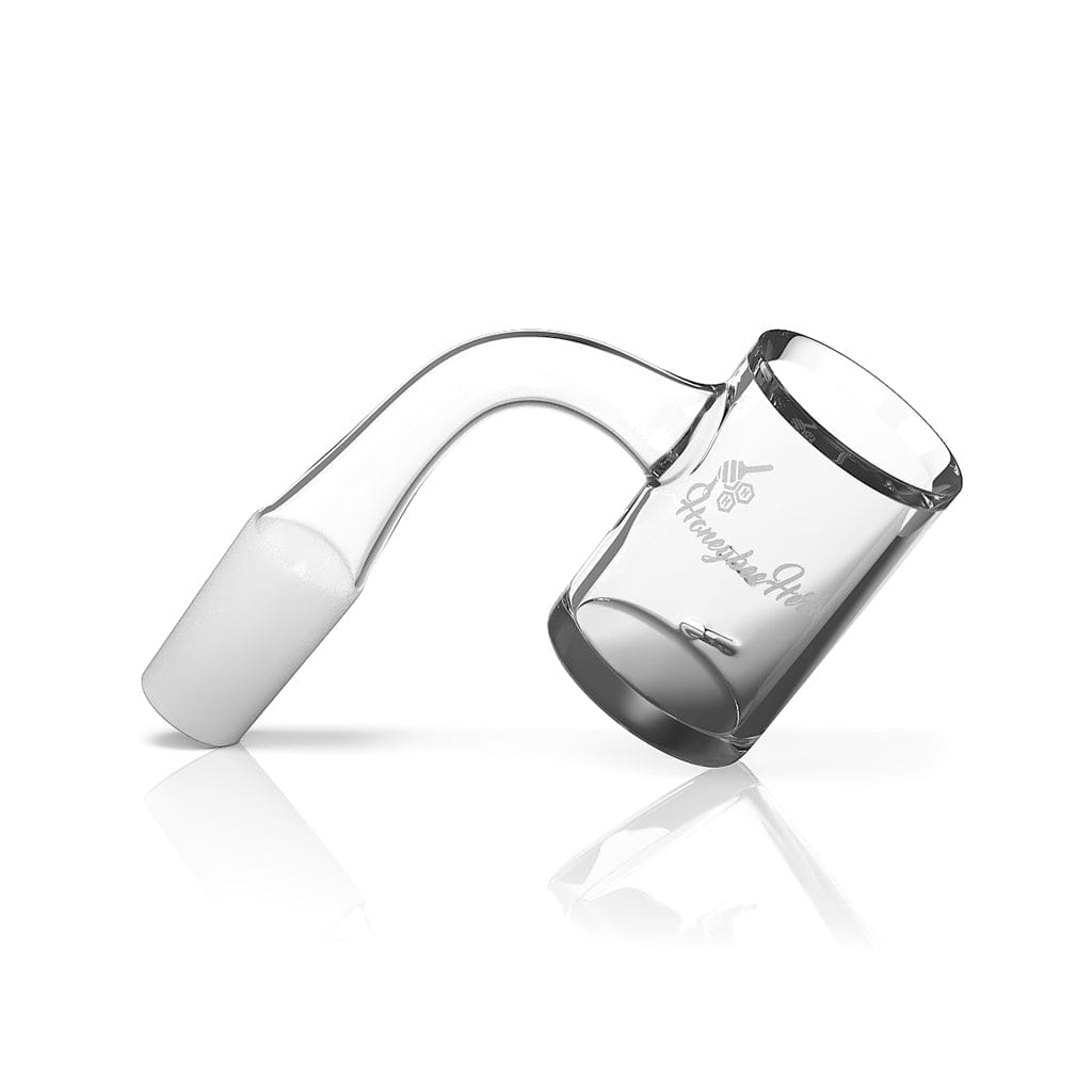 Angled close-up of the clear Honeybee Herb Whirlwind Quartz Banger - 90Â° Degree | Bl showing its 90-degree curved neck and cylindrical bucket on a white reflective background