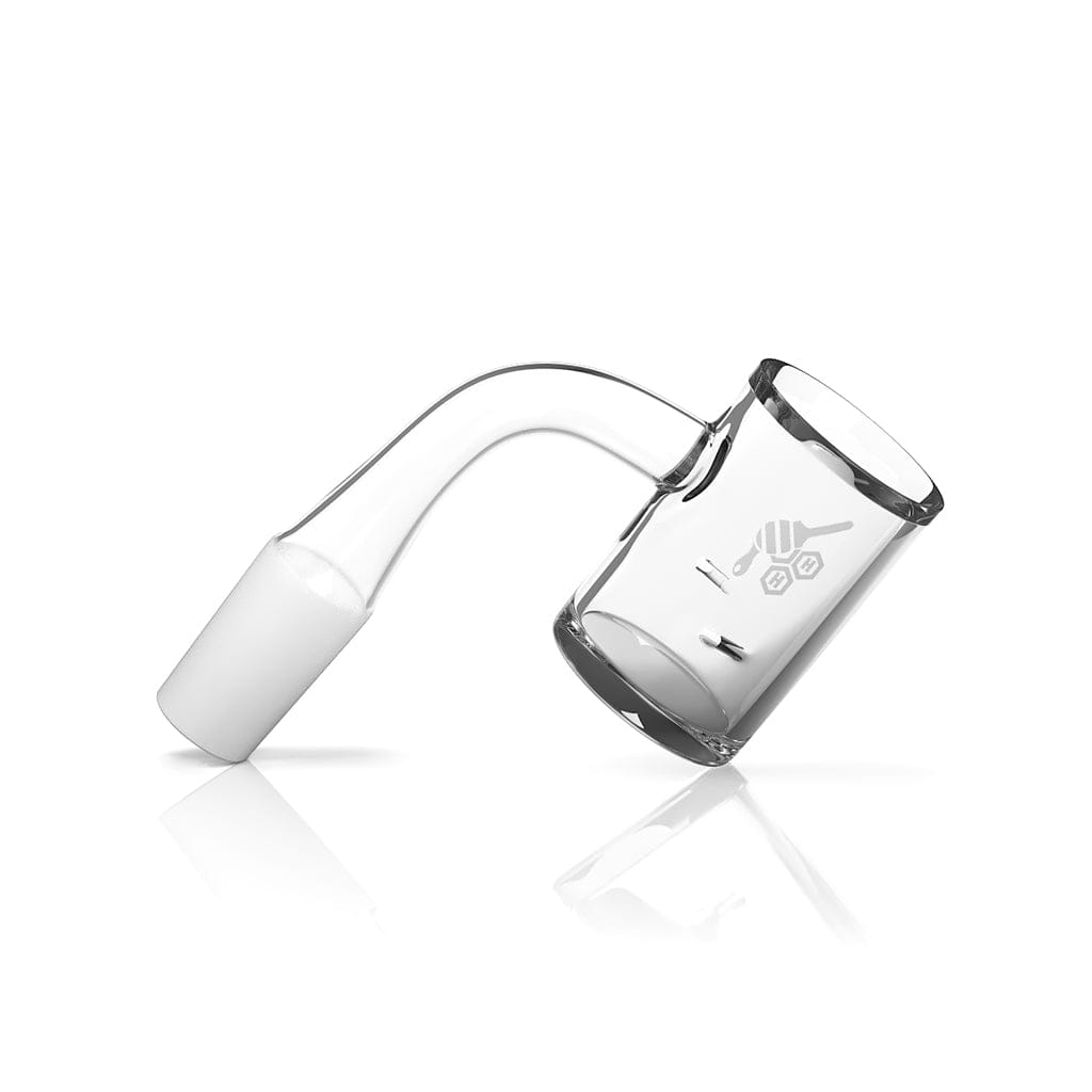 Angled close-up of the WHIRLWIND QUARTZ BANGER - 90° DEGREE | YL showing the clear quartz bucket and curved 90-degree neck against a white background