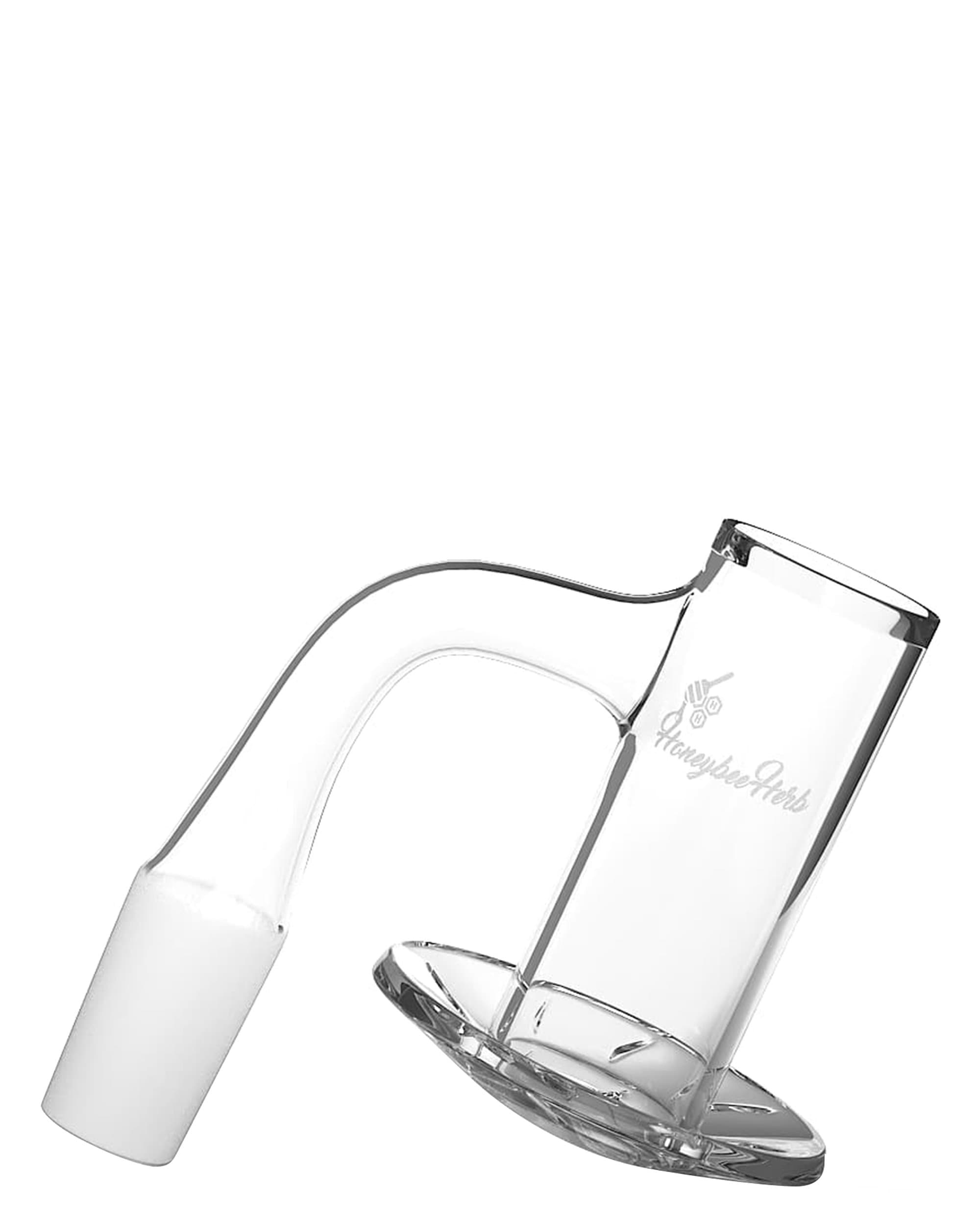 Angled close-up of the clear Honeybee Herb Beehive Quartz Banger - 90Â° Degree | Bl showing its curved 90-degree joint and polished flat base.