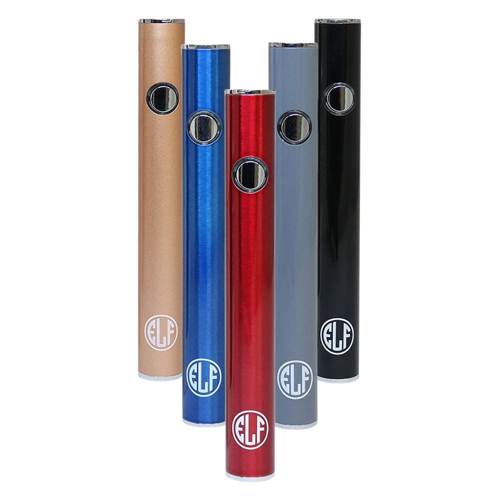 A studio shot displays multiple Elf Stick 510 VV Vape Pen models in a variety of metallic colors against a neutral gray backdrop.
