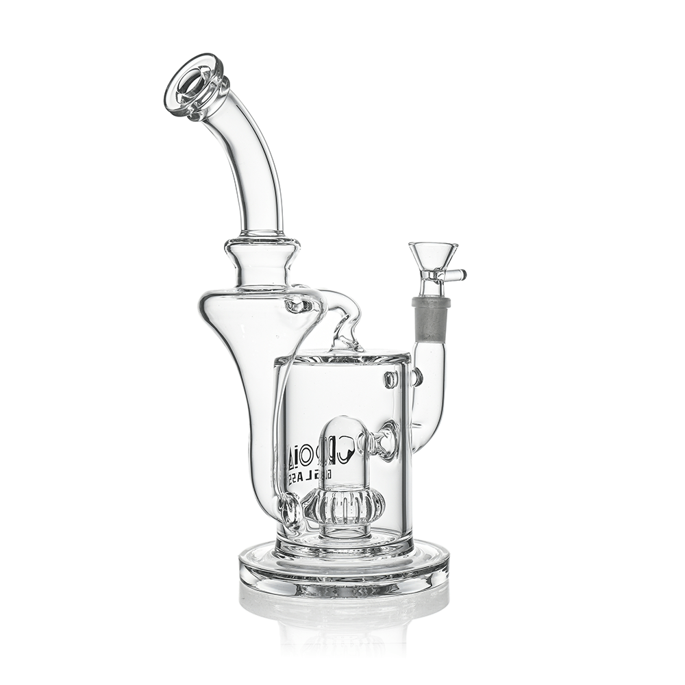 Angled studio shot of the Croia Glass 10" Hourglass Recycler Scientific Bong with Crown Perc showing clear glass chambers, curved mouthpiece, crown perc and side bowl.