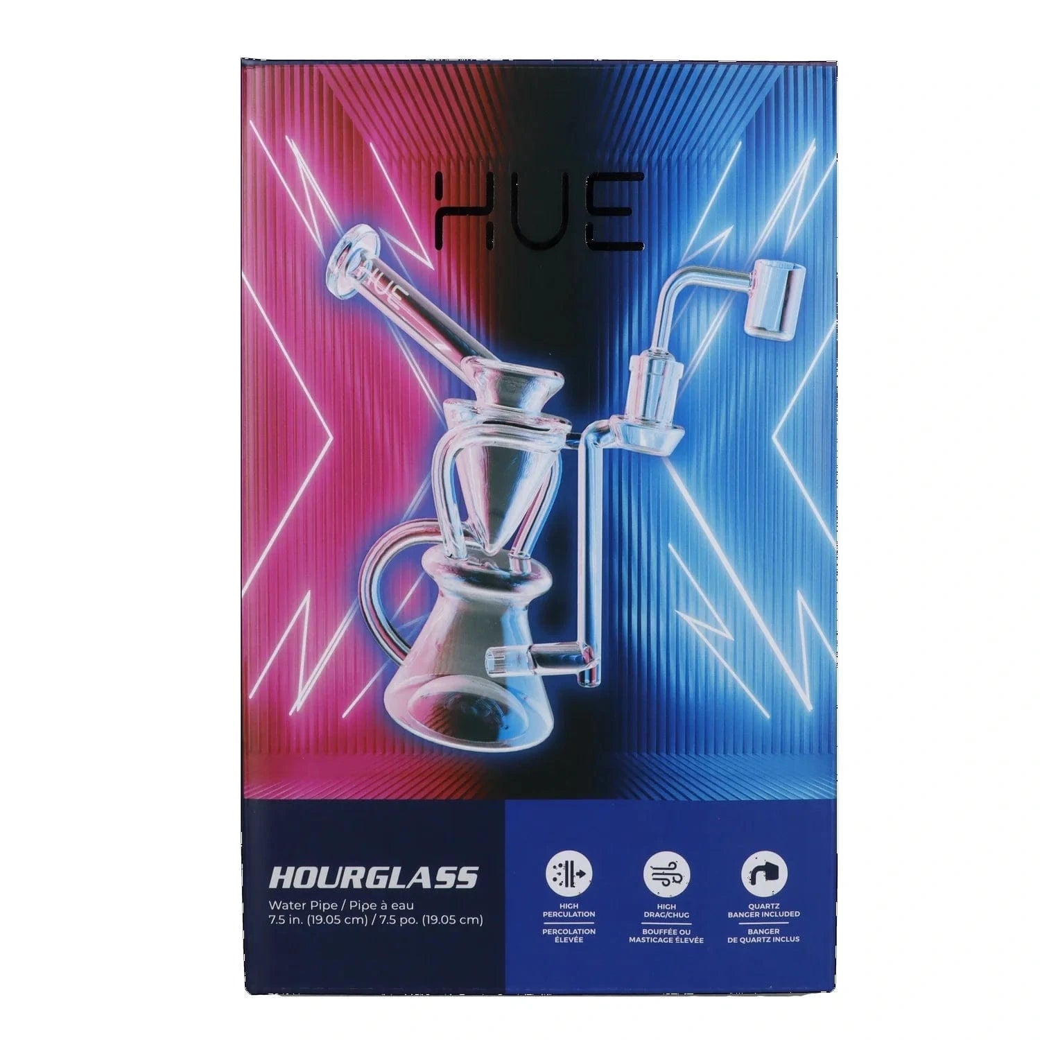 Front view of the Hourglass Dab Rig Clear - 7.5" showing the clear glass rig against a split neon pink and blue background with lightning accents.