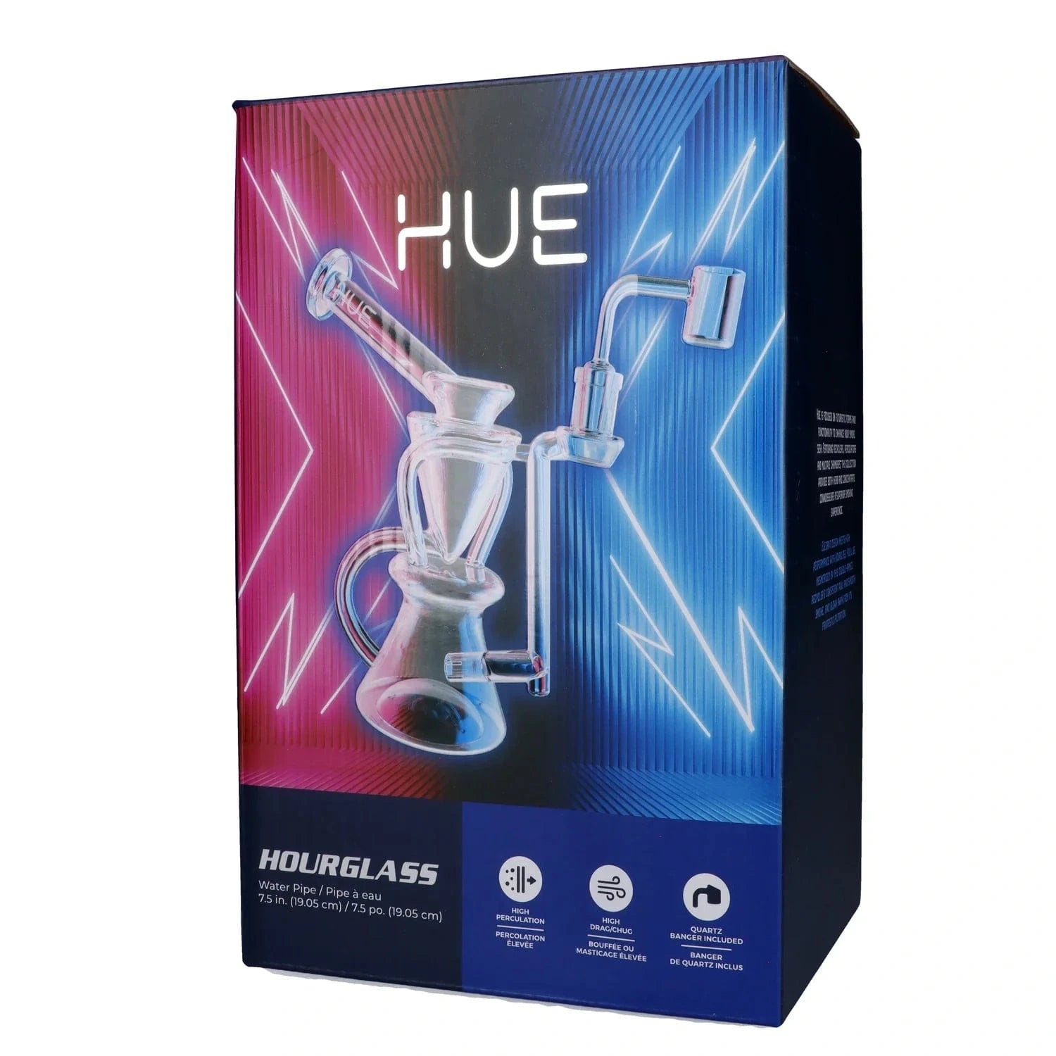 Angled front shot of the Hourglass Dab Rig Clear - 7.5" box showing a holographic-style image of the clear glass dab rig against neon pink and blue diagonal light streaks.