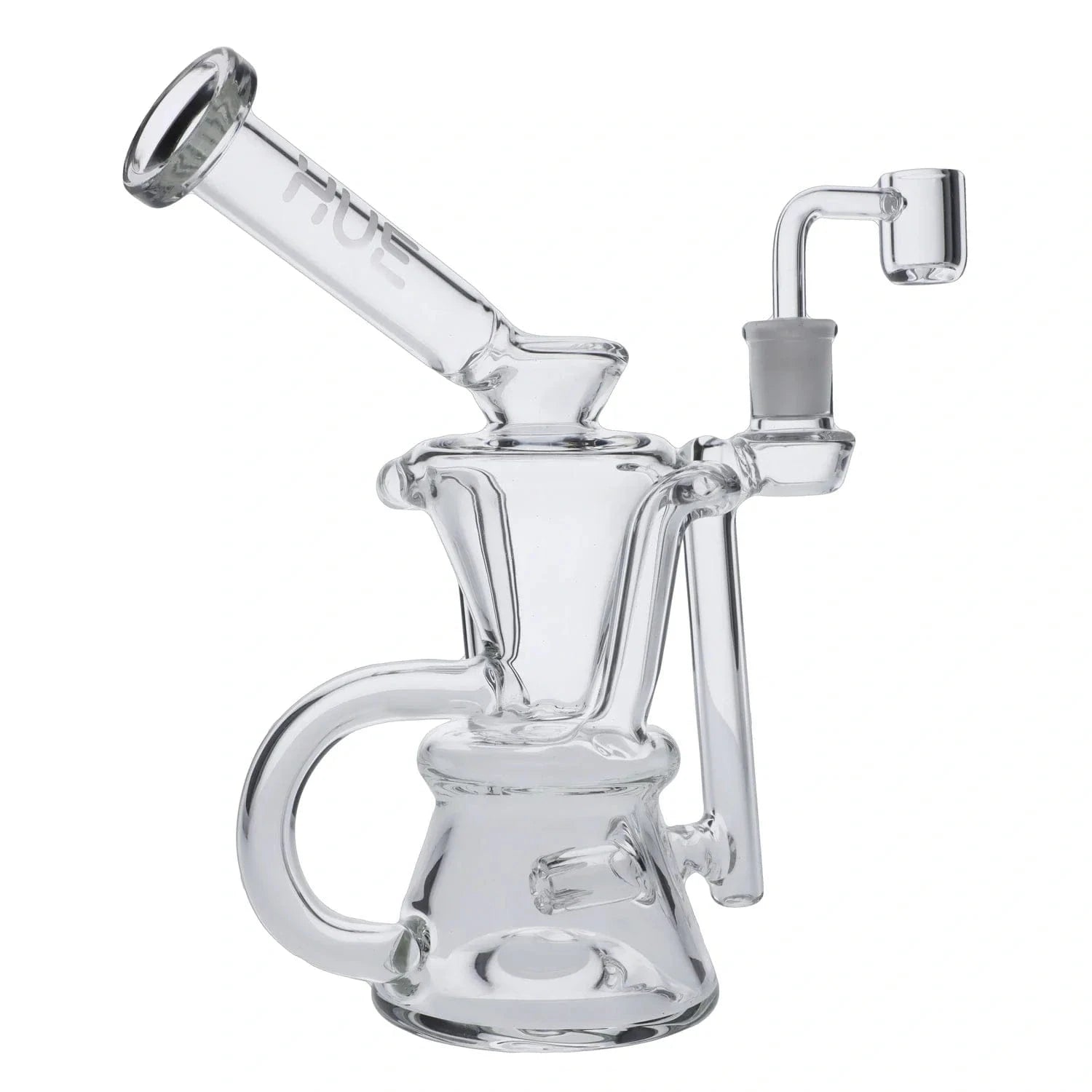 Angled close-up of the clear Hourglass Dab Rig Clear - 7.5" showing the slanted mouthpiece, curved handle, and upright quartz banger against a white background.
